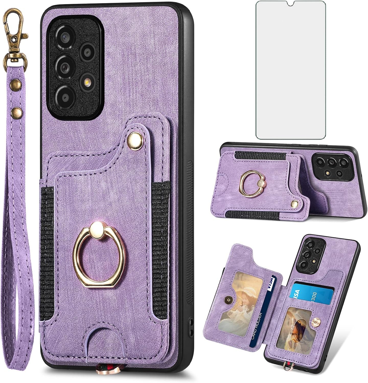 Asuwish Phone Case for Samsung Galaxy A53 5G Wallet Cover with Tempered Glass Screen Protector and Wrist Strap Lanyard RFID Credit Card Holder Ring Stand a 53 G5 53A SM A536U 6.5 2022 Women Men Purple