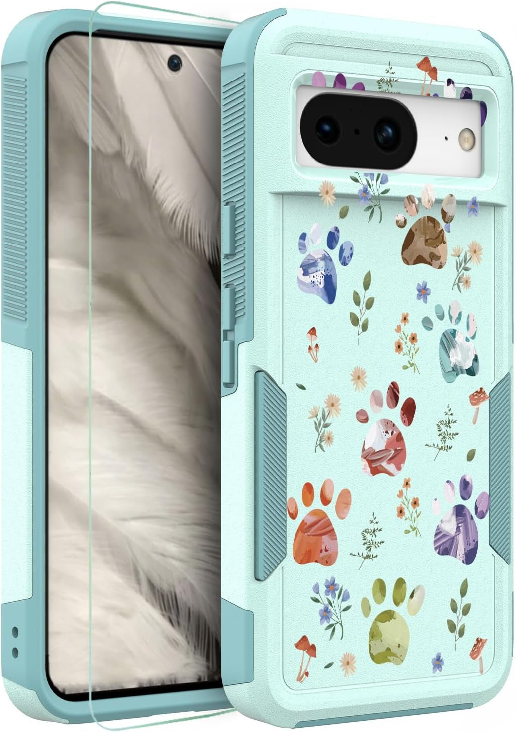 For Google Pixel 8 5G Case with Tempered Glass Screen Protector: Cute Flower Floral Design for Girls Women Slim Fit Soft TPU Bumper Silicone Cell Phone Cover (Funny Cat)  Ftonglogy Garden/Dog Paws  