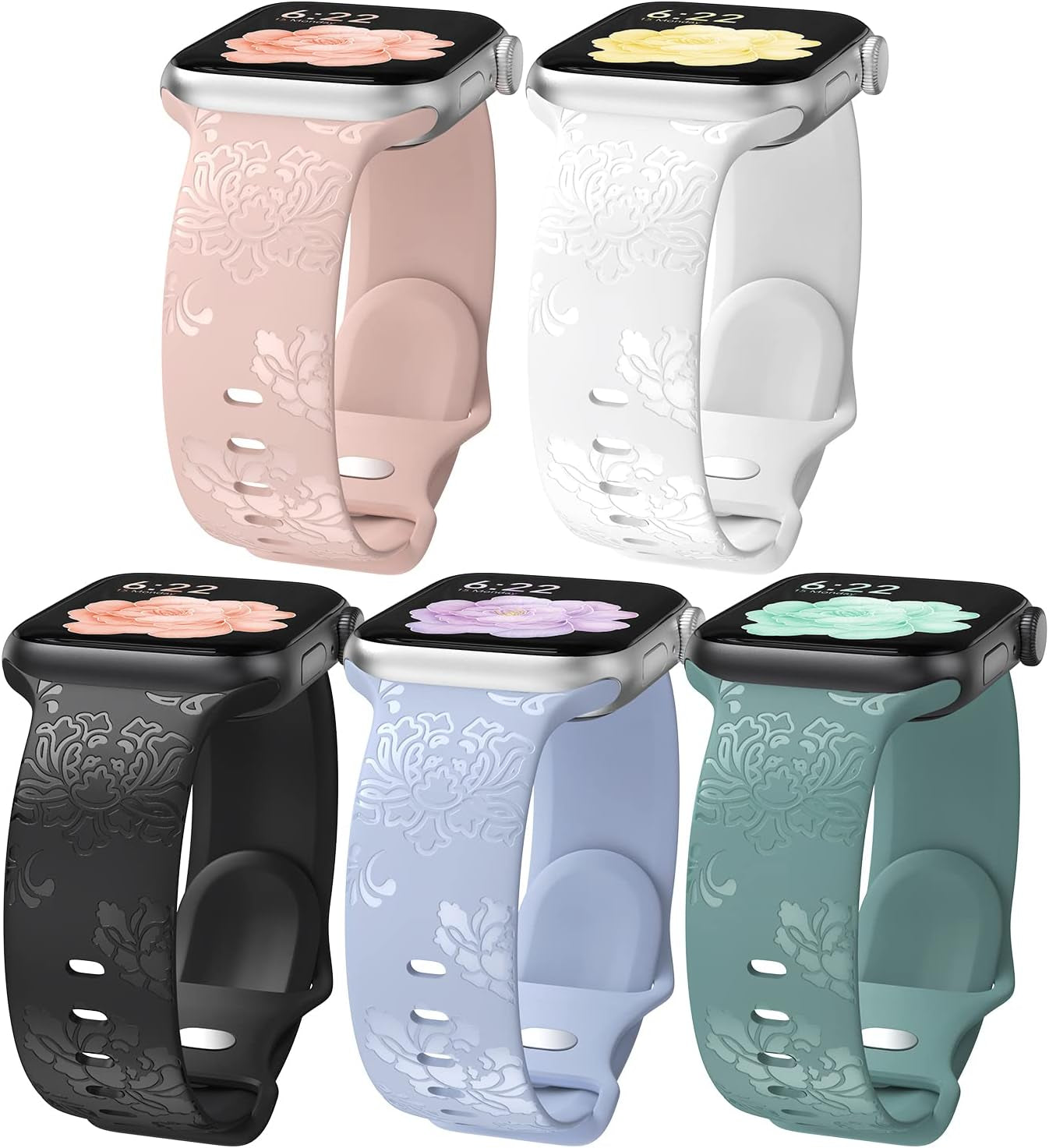5 Pack Flower Engraved Silicone Band Compatible with Apple Watch Band 42Mm 44Mm 45Mm 47Mm, Elegant Peony Fancy Designer Sport Women Band Replacement for Iwatch Series 8 7 6 5 4 3 2 1 SE