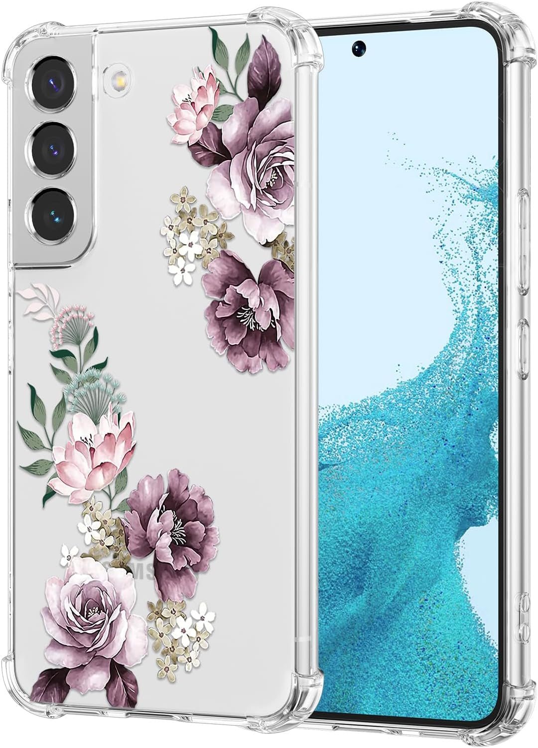 DEFBSC Soft Case Compatible with Samsung Galaxy S22, Clear Floral Flower Pattern Print Design Flexible TPU Shockproof Cover for Women Girls,Flower Protective Phone Case, Purple Peony