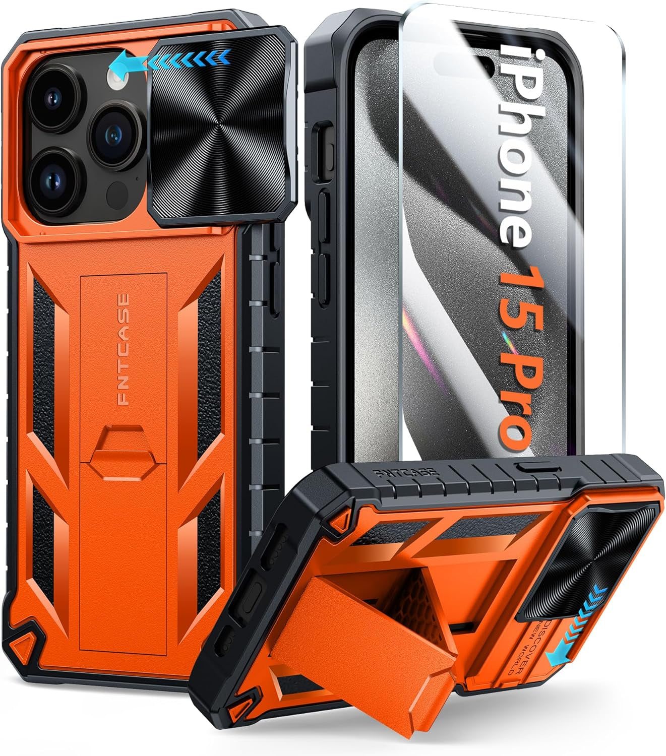 FNTCASE for Iphone 15 Pro Case: Military Grade Drop & Shock Protection Cell Phone Cover with Kickstand & Slide | Rugged Protective Bumper Textured | Heavy Duty Protector(Blue)  FNTCASE Orange For Iphone 15 Pro (6.1 Inch) 