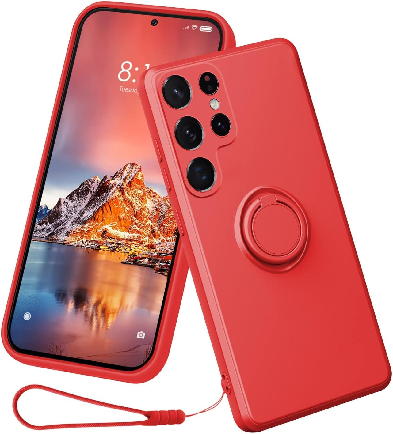 Case Compatible with Samsung Galaxy S22 Ultra（5G 2022 Released）, Silicone with Ring 360°Rotatable Kickstand Case Support Magnetic Car Mount，Protective Cover with Strap (Red)