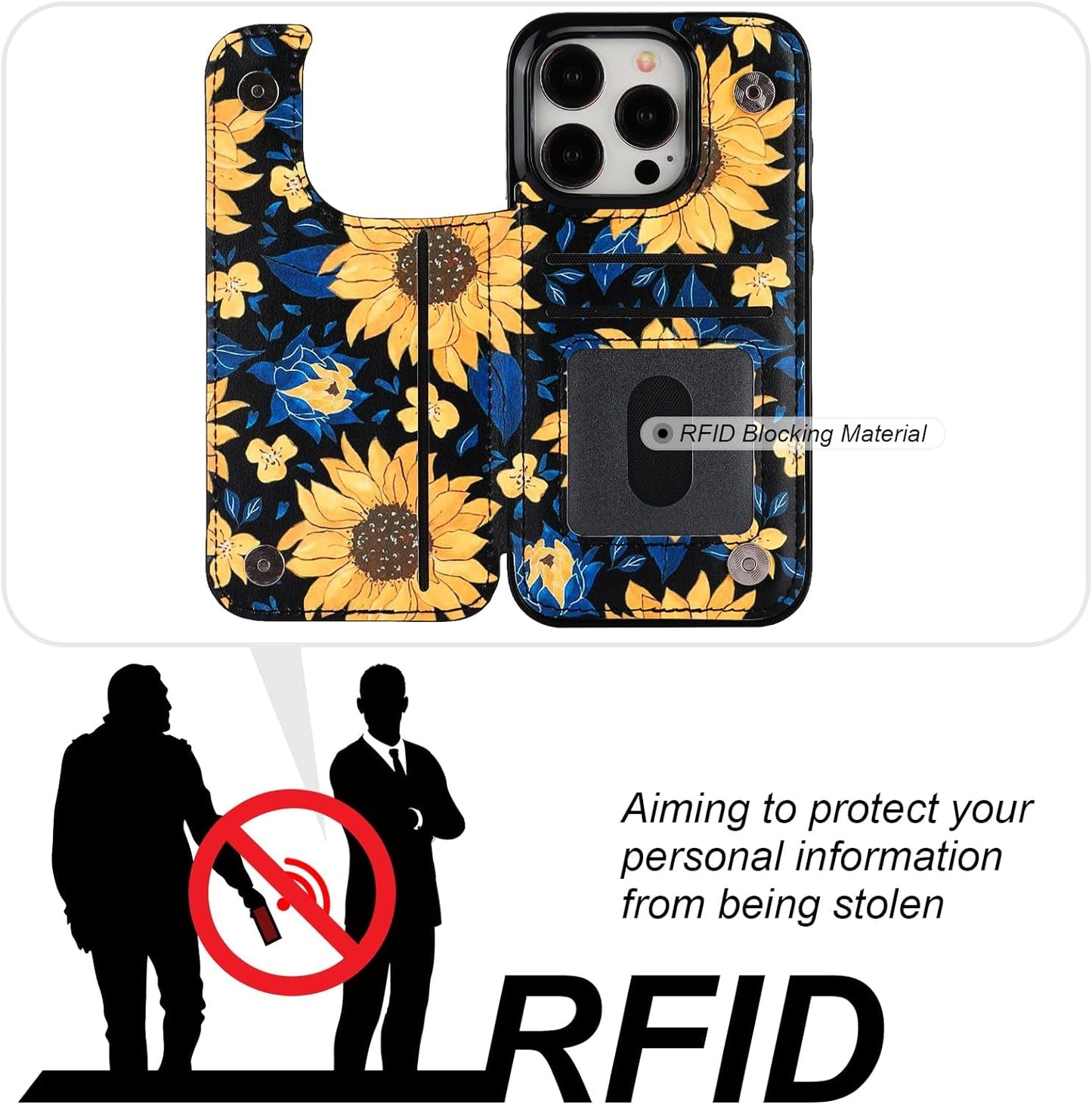 HAOPINSH for Iphone 15 Pro Wallet Case with Card Holder, Blooming Sunflowers Pattern Back Flip Folio PU Leather Kickstand Card Slots Case for Women Girls, Double Magnetic Clasp Cover 6.1"  HAOPINSH   