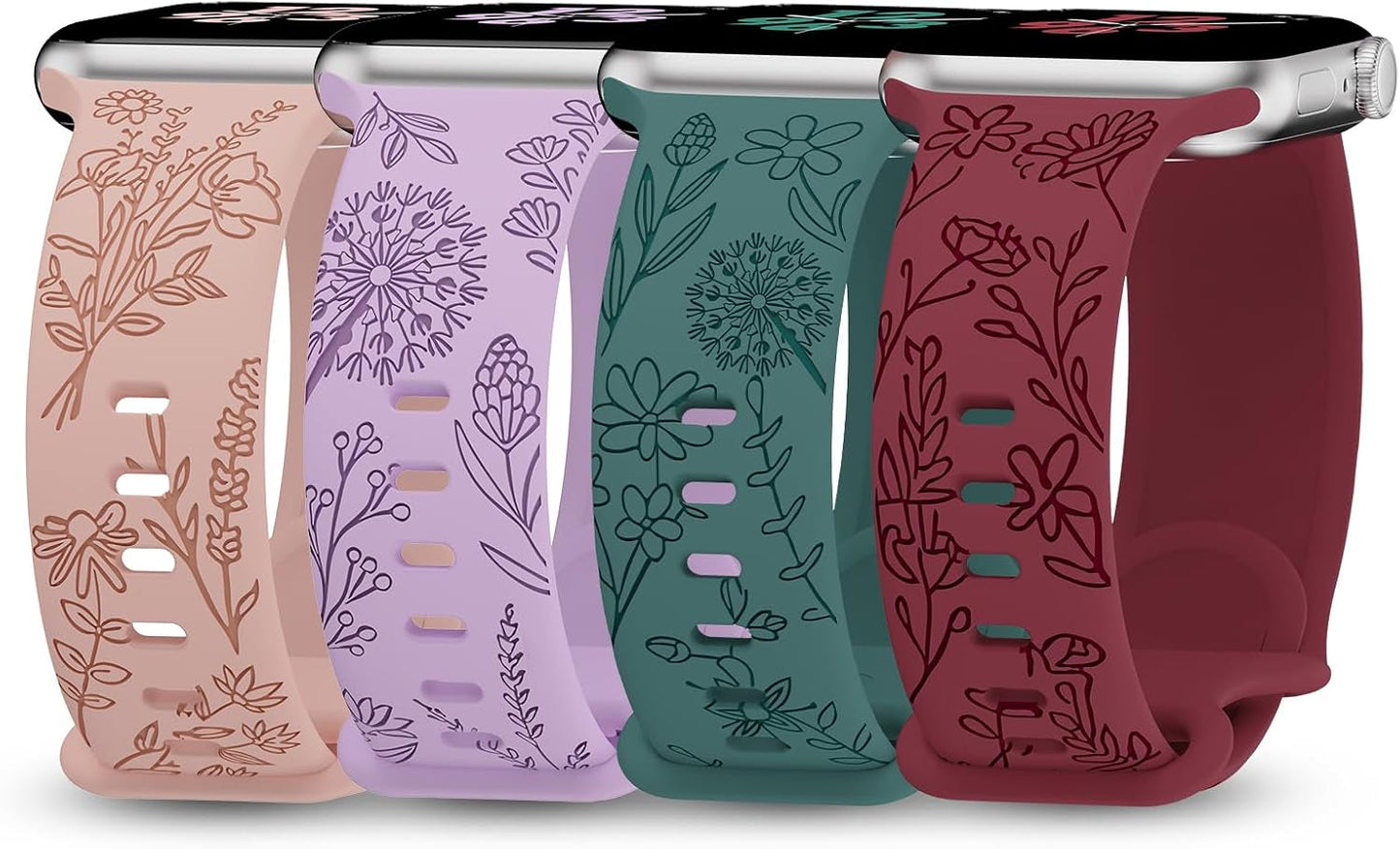 4 Pack Floral Engraved Bands Compatible with Apple Watch Bands 38Mm 40Mm 41Mm 42Mm 44Mm 45Mm 49Mm Women