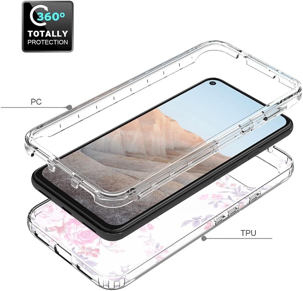 Case for Google Pixel 5A 5G Case with Tempered Glass Screen Protector, Full Body Shockproof Clear Floral Soft TPU Slim Phone Protective Armor Cover for Google Pixel 5A 5G (Rose Flower)  Sidande   