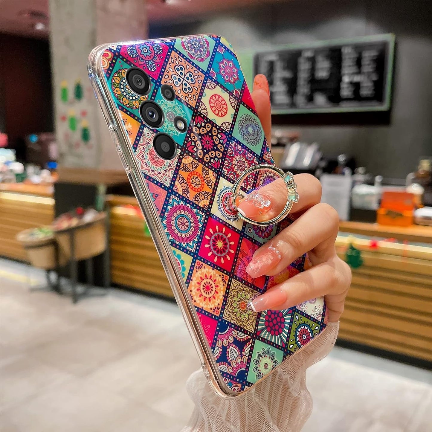 Case for Galaxy A53 5G Retro Floral Slim Cute Bumper Shockproof Protection Phone Case for Girls Women with Gold Ring Stand Flower Ethnic Style Cover for Samsung Galaxy A53 5G - Mandala