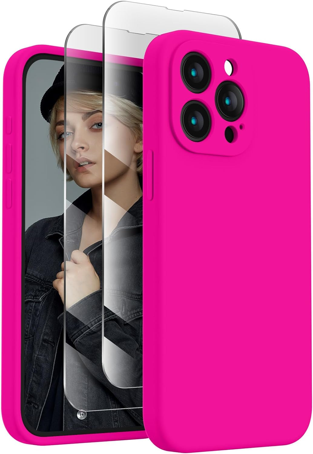 Firenova Designed for Iphone 15 Pro Case, Silicone Upgraded [Camera Protection] Phone Case with [2 Screen Protectors], Soft Anti-Scratch Microfiber Lining Inside, 6.1 Inch, Calke Green  FireNova Hot Pink  