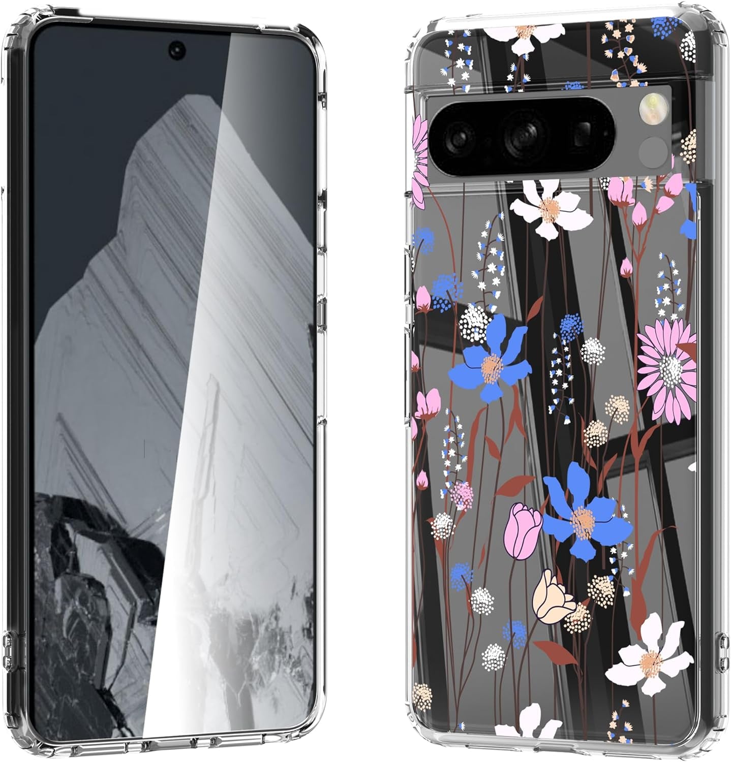 For Google Pixel 8 Clear Case with 3D Flower Printing Design, TPU+PC Slim Shock-Proof Protective Floral Cover for Women Girls, 6.2“ (Pic 5)  YIKECASE B-1 Google Pixel 8 Pro 