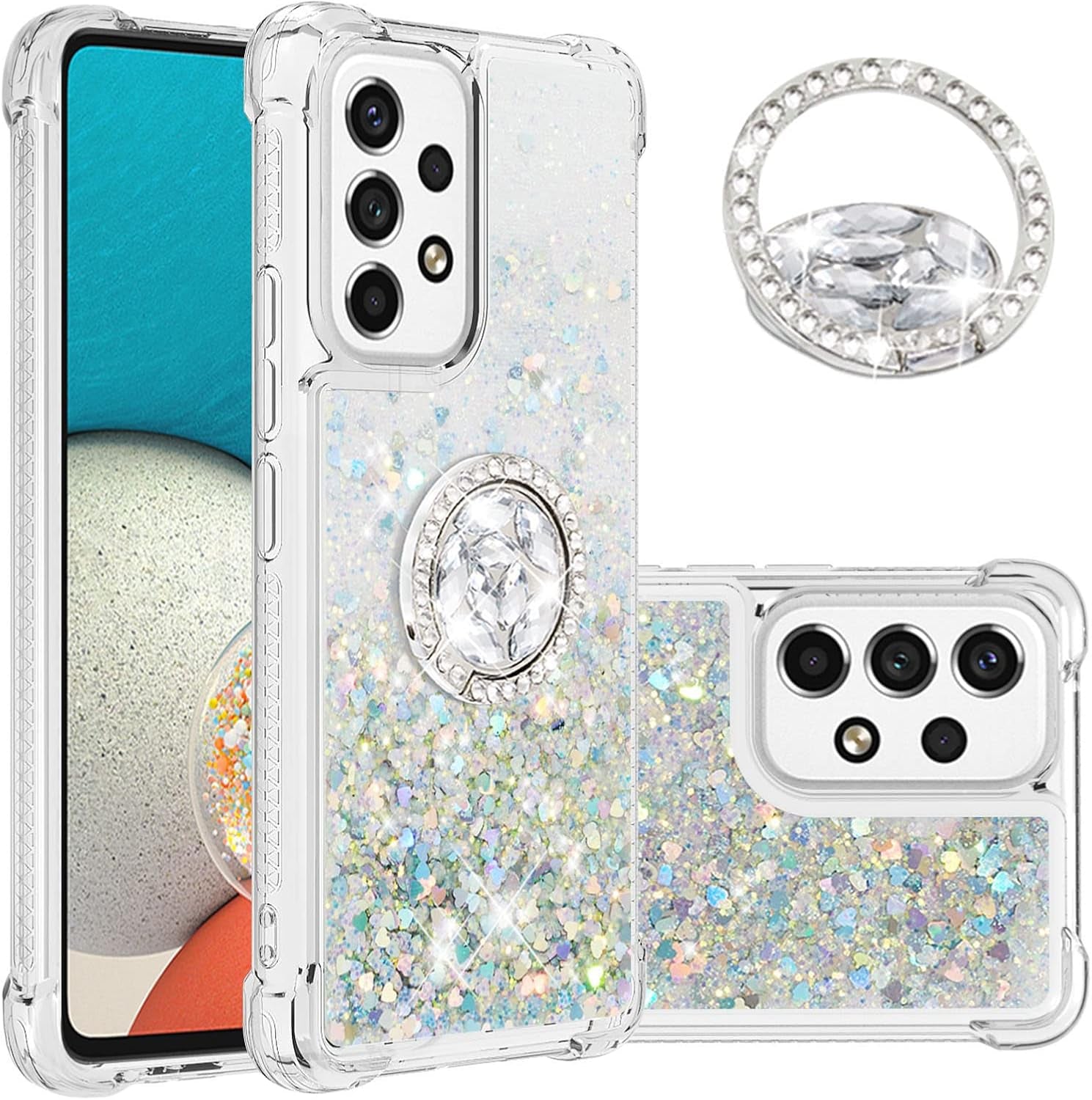 Ccsmall for Samsung Galaxy A53 5G Glitter Case with Ring Holder, Bling Sparkle Floating Liquid Soft TPU Cushion Fashion Girly Women Girls Clear Case Cover for Samsung Galaxy A53 5G LSZ Rose Gold