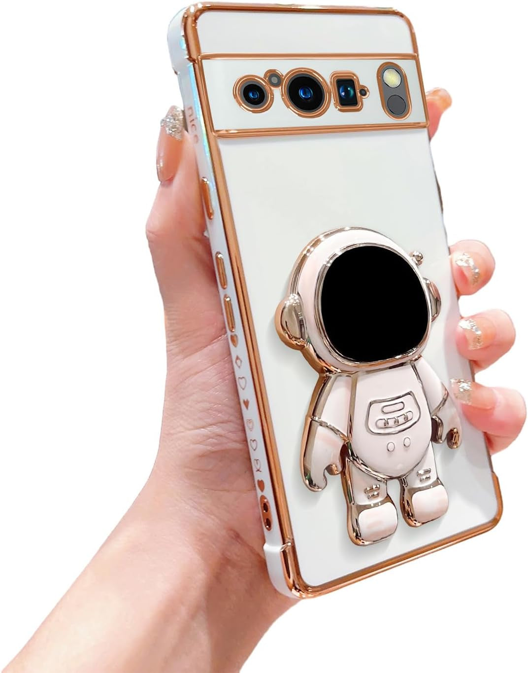 Phylla Phone Case for Google Pixel 8 Pro 6.7” 5G,Luxury Plating Astronaut Stand Holder Phone Case with Cute Love Heart Side Small Pattern Soft Silicone Shockproof Kickstand Cover Bumper (Black)  PHYLLA\1 White  