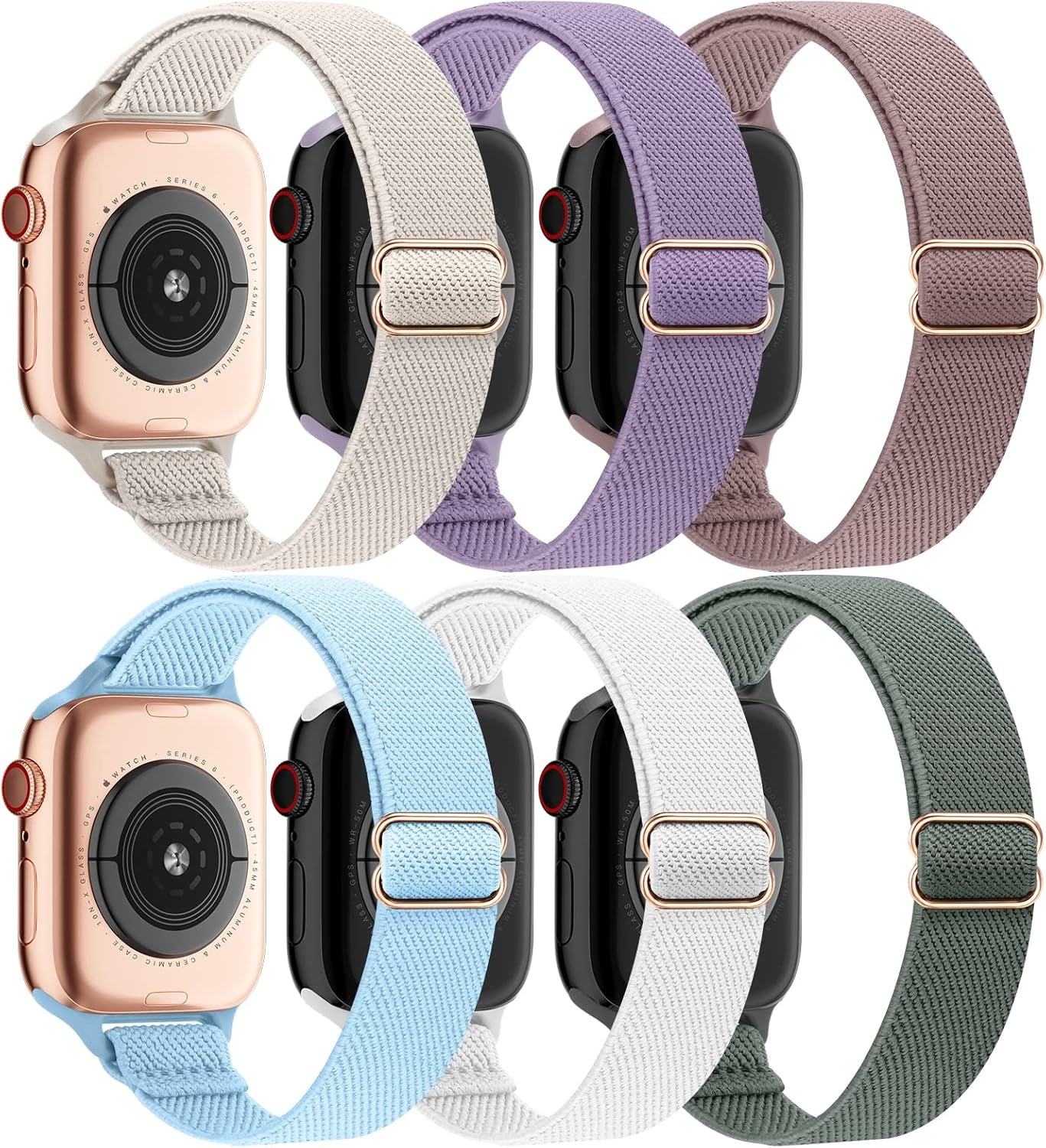 EOMTAM 6 Pack Slim Stretchy Compatible for Apple Watch Band 38Mm 40Mm 41Mm 42Mm 44Mm 45Mm Women,Lady Nylon Thin Elastics Wristbands Solo Loop Straps for Iwatch Series 8 7 6 SE 5 4 3