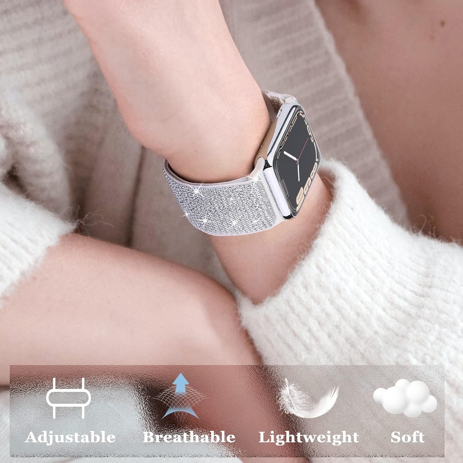 Bling Nylon Stretchy Bands Compatible with Apple Watch Bands 38Mm 40Mm 41Mm 42Mm 44Mm 45Mm 49Mm for Women Girls, Adjustable Braided Solo Loop Sport Bands for Iwatch Series 9 8 7 6 SE 5 4 3 2 1, 6 Packs