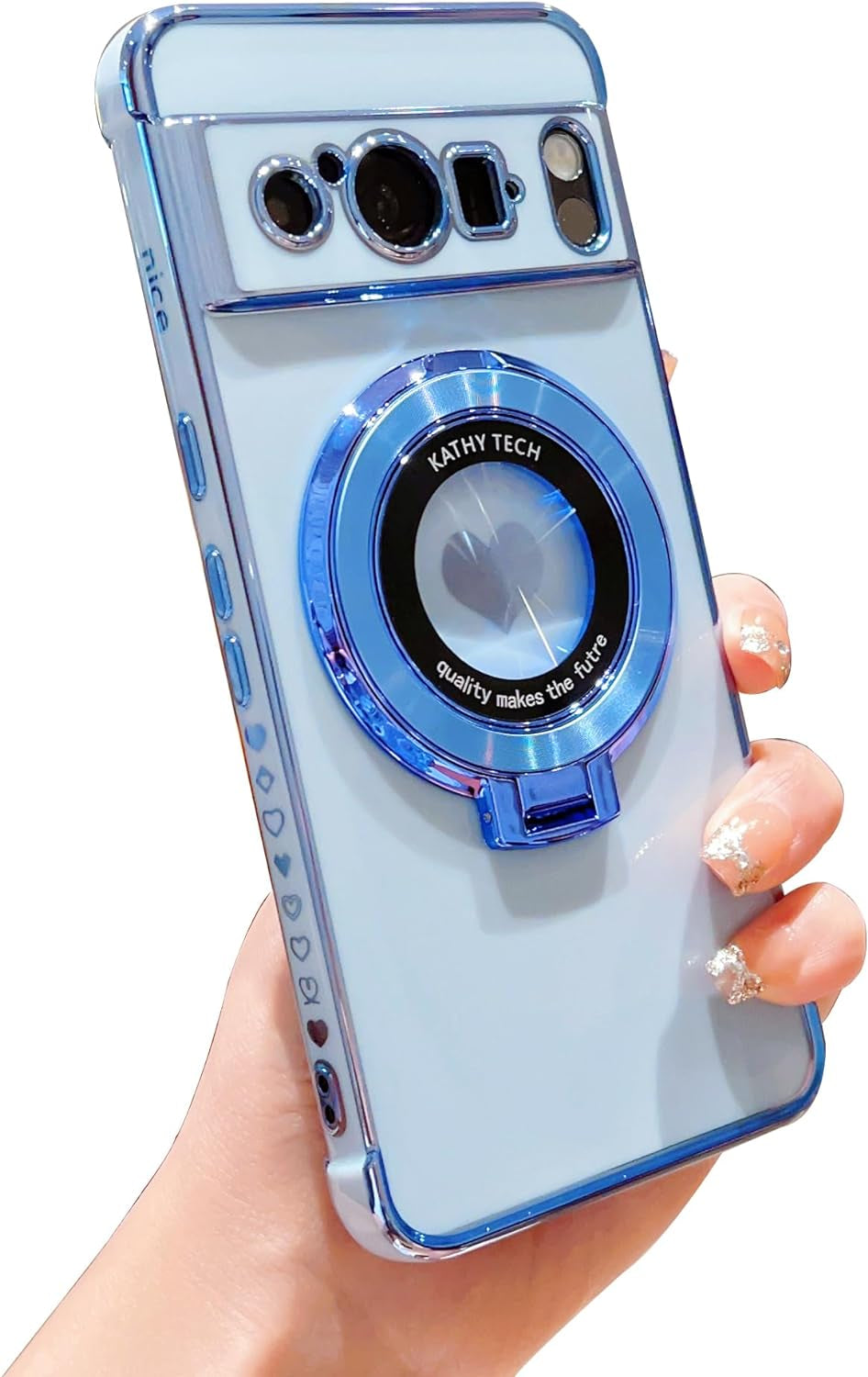 Phylla for Google Pixel 8 Pro 5G 6.7" Phone Case with Magsafe,Luxury Plated Cute Love Heart Cover with Magnetic Stand Holder Side Small Hearts Pattern Soft Shockproof Kickstand Bumper for Women-Black  PHYLLA\1 Blue  