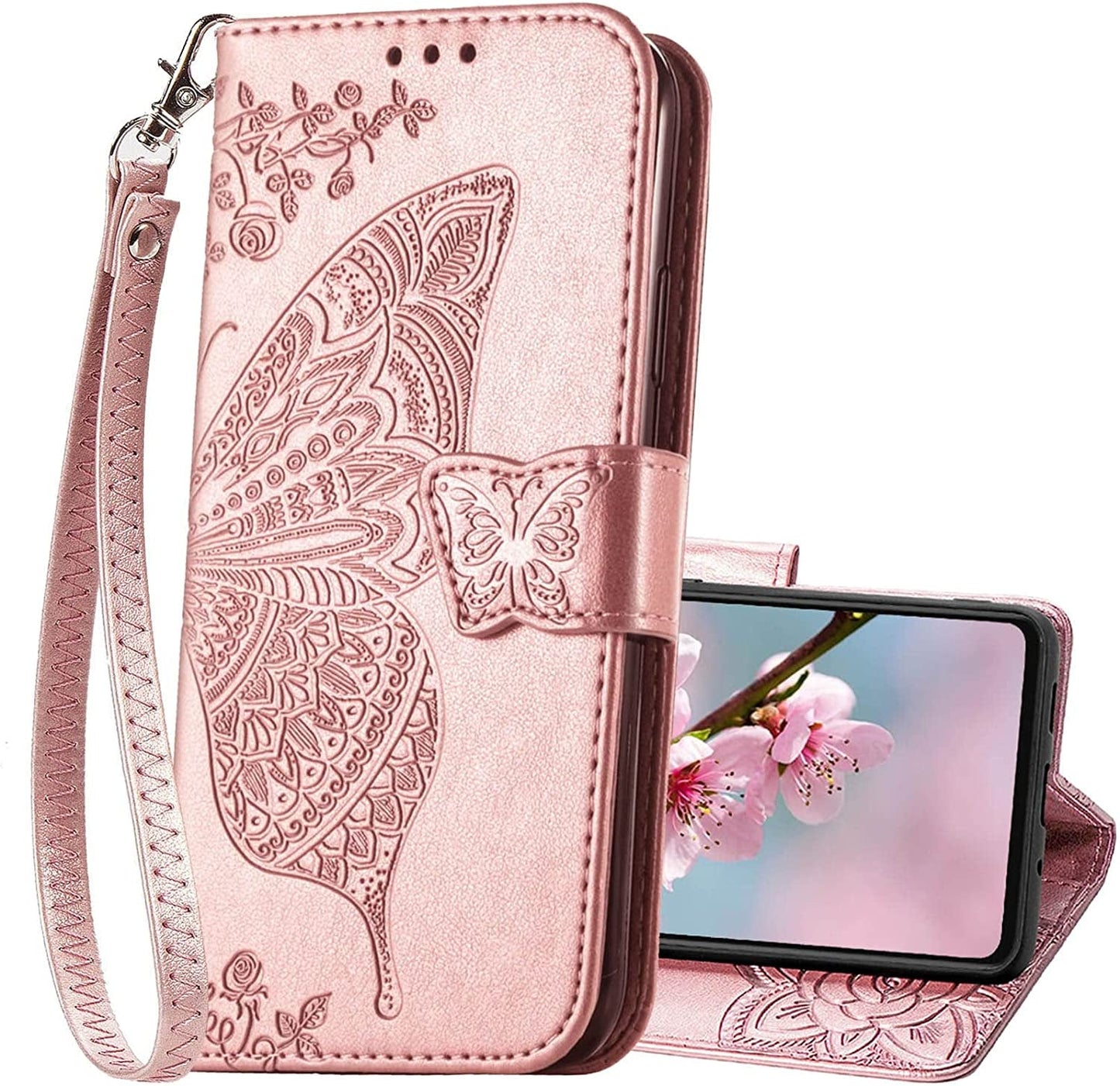 For Samsung Galaxy A53 5G Case Wallet,Women Flip Folio Cover with Butterfly Embossed PU Leather Credit Card Holder Slots Magnetic Wrist Strap Purse for Samsung A53 5G (Black)