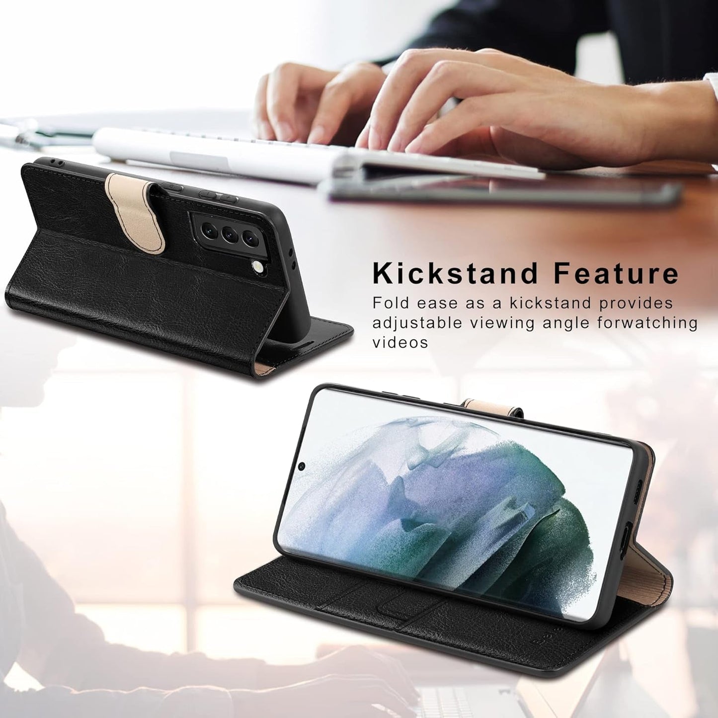 Belemay Case for Galaxy S22+ / S22 plus 5G 6.6-Inch, Genuine Leather Wallet Case RFID Blocking Credit Card Holder Kickstand Magnetic Flip Case Compatible with Galaxy S22+ / plus 6.6" 2022, Black