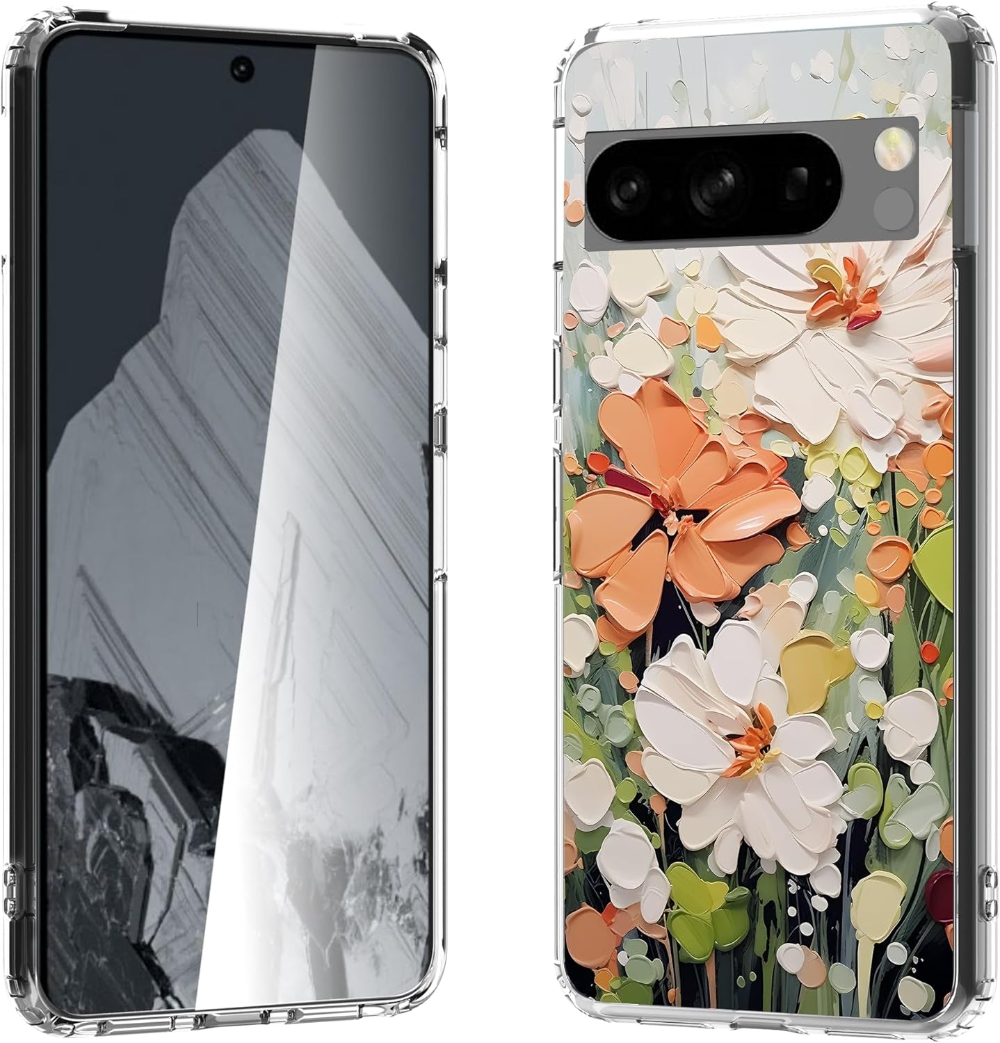 For Google Pixel 8 Clear Case with 3D Flower Printing Design, TPU+PC Slim Shock-Proof Protective Floral Cover for Women Girls, 6.2“ (Pic 5)  YIKECASE A-1 Google Pixel 8 Pro 