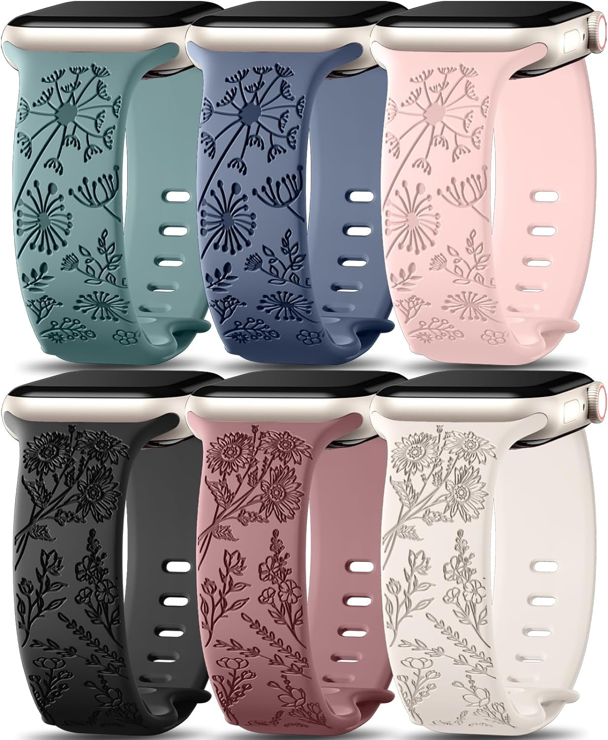 6 Pack Flower Engraved Bands Compatible for Apple Watch Band 40Mm 41Mm 38Mm 42Mm 44Mm 45Mm 49Mm Women,Soft Silicone Cute Wildflowers Sport Laser Strap for Iwatch Bands Series 9 Ultra SE 8 6 5 4 3 2 1