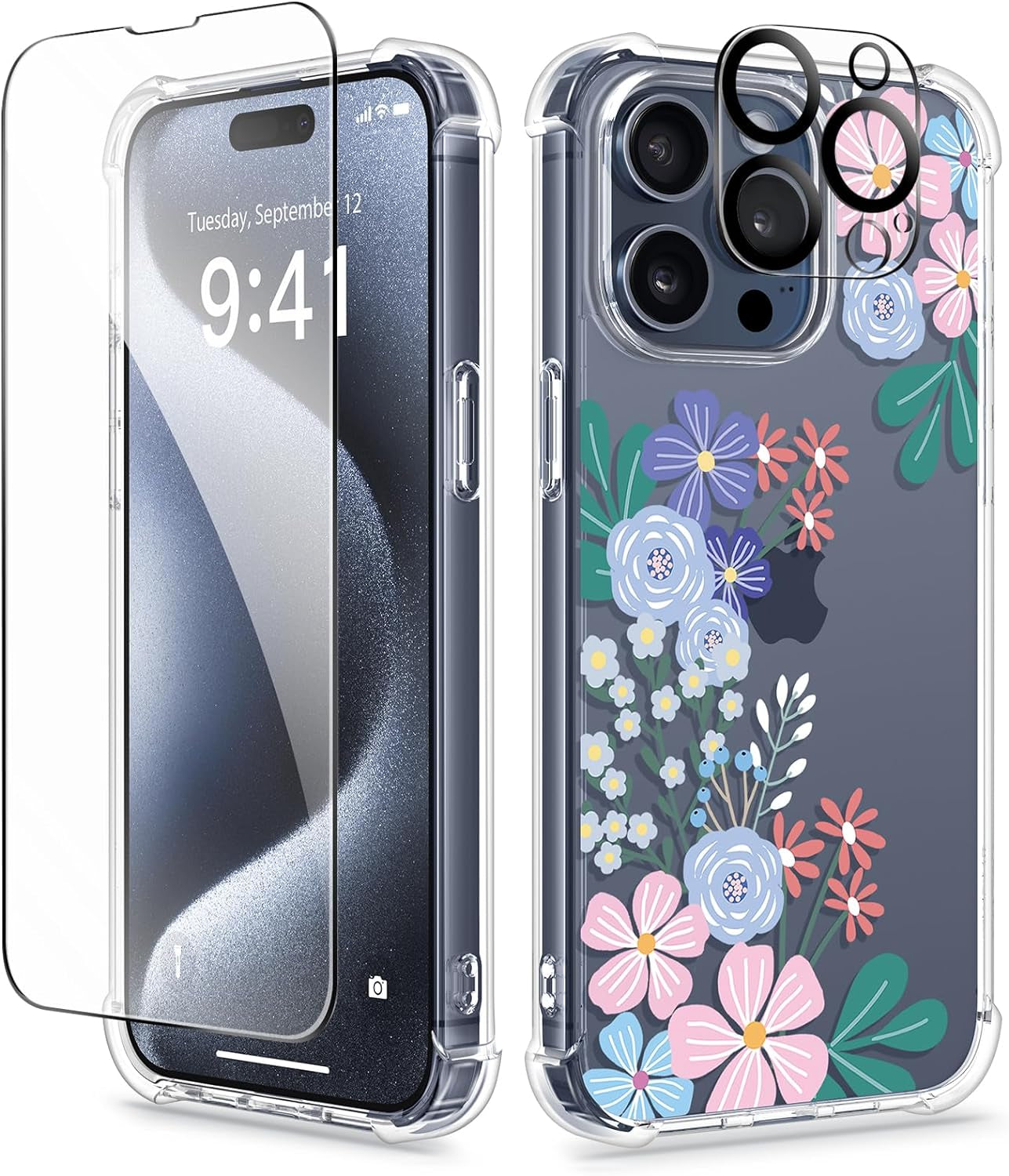 GVIEWIN for Iphone 15 Pro Case Floral, with Screen Protector+Camera Lens Protector, [Not Yellowing] Slim Shockproof Clear Phone Protective Cover for Women, Flower Pattern Design (Ranunculus/Pink)  GVIEWIN   