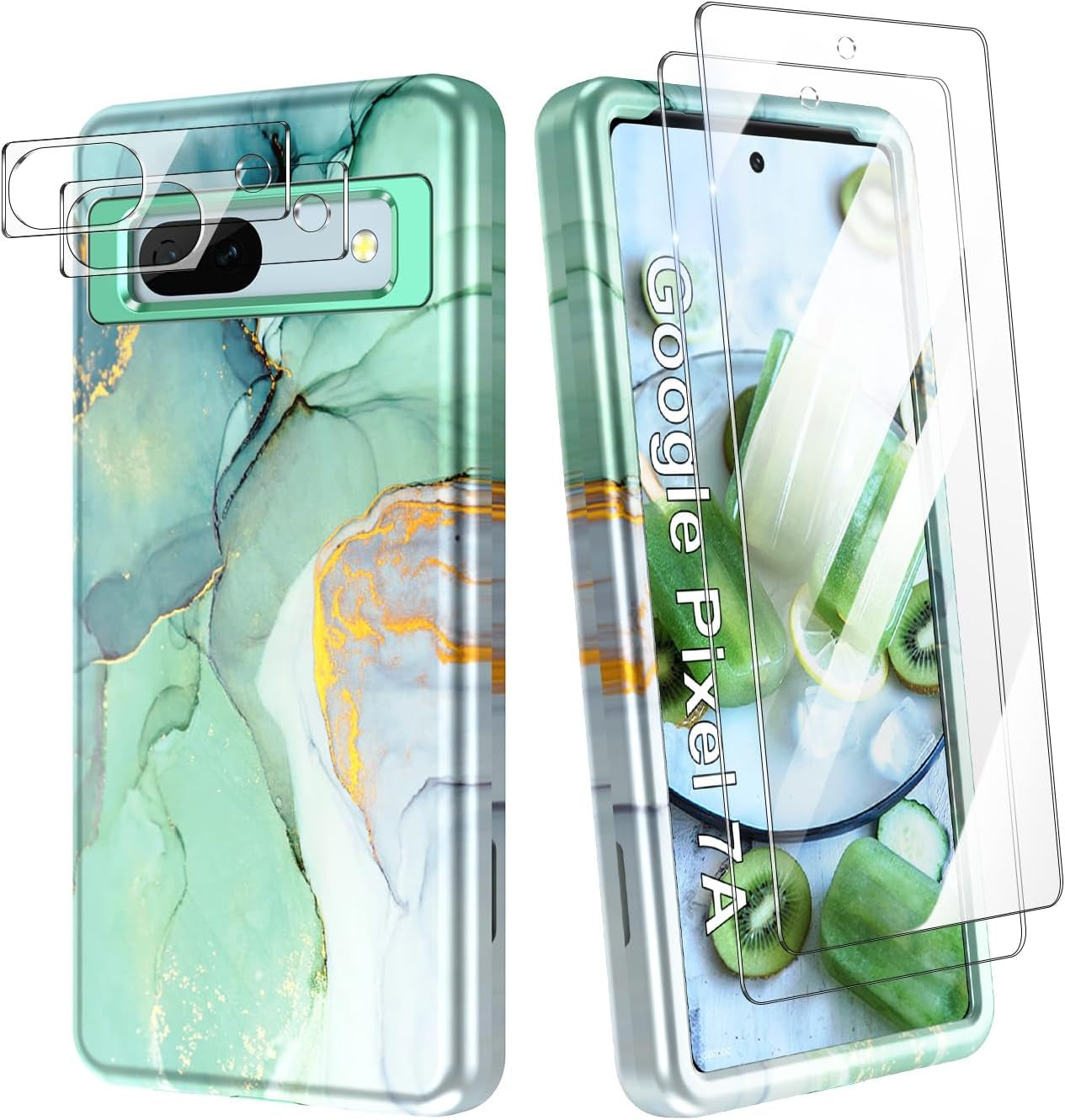 Btscase for Google Pixel 7A Case, [5 in 1] with 2 Pack Screen Protector + 2 Pack Camera Lens Protector, Marble Pattern Full Body Three Layer Rugged Shockproof Protective Cover (2023), Blue Pink  Btscase B-Green  