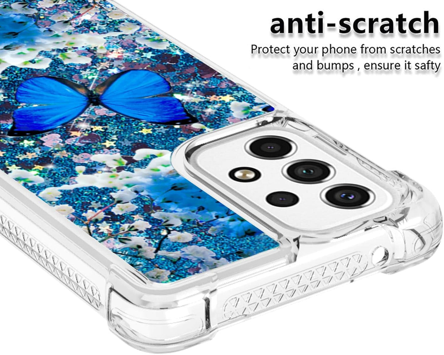 For Samsung Galaxy A53 5G Phone Case with Screen Protector, Women Girls Cute Glitter Bling Floating Liquid Soft TPU Shockproof Protective Slim Cover for Samsung Galaxy A53 5G -Blue Butterfly