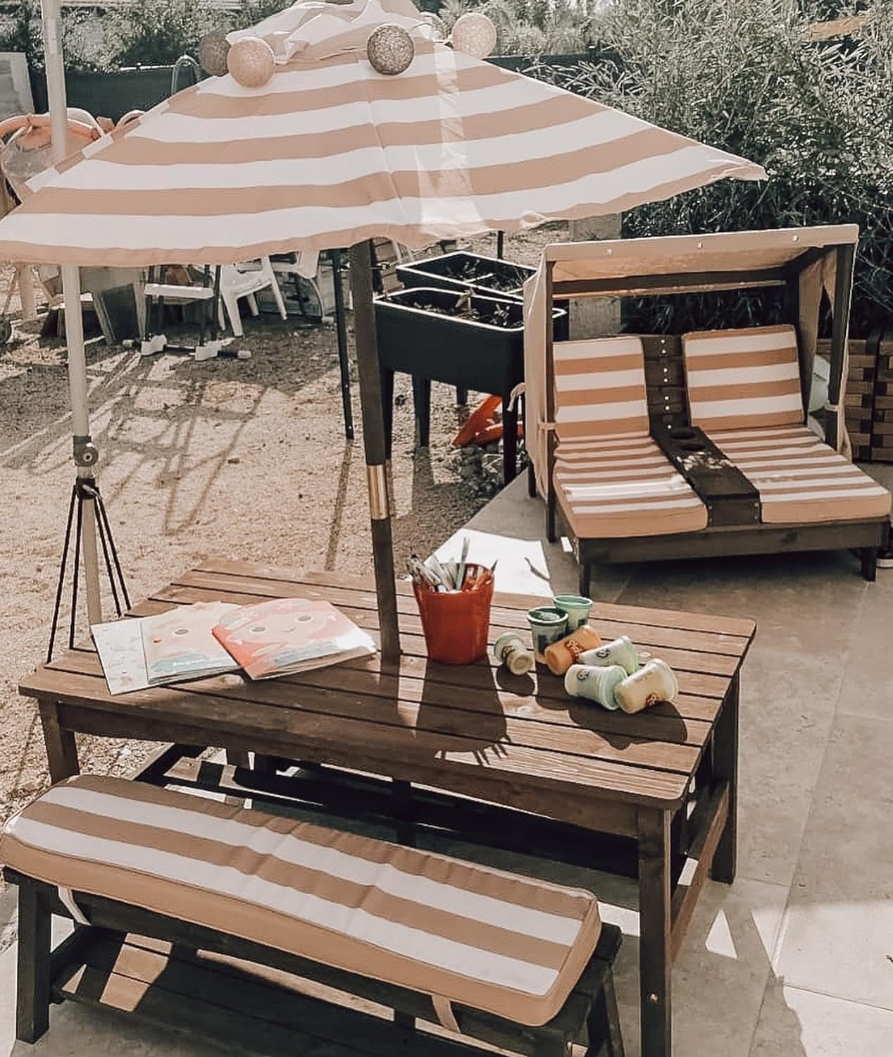 Kidkraft Wooden Outdoor Double Chaise Lounge with Cup Holders, Patio Furniture for Kids or Pets, Espresso with Oatmeal and White Striped Fabric  KIDKRAFT (DropShip)   