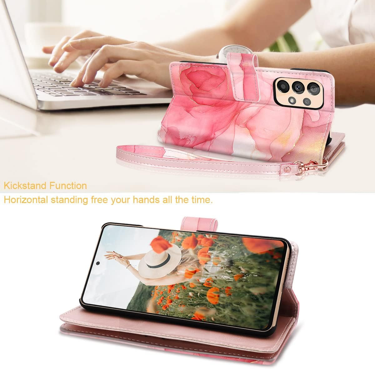 Fingic Compatible with Samsung Galaxy A53 Case Wallet, Rose Gold Marble 9 Card Holder PU Leather Detachable Wrist Strap Wallet Case for Women Cover for Samsung Galaxy A53 5G, Rose Gold