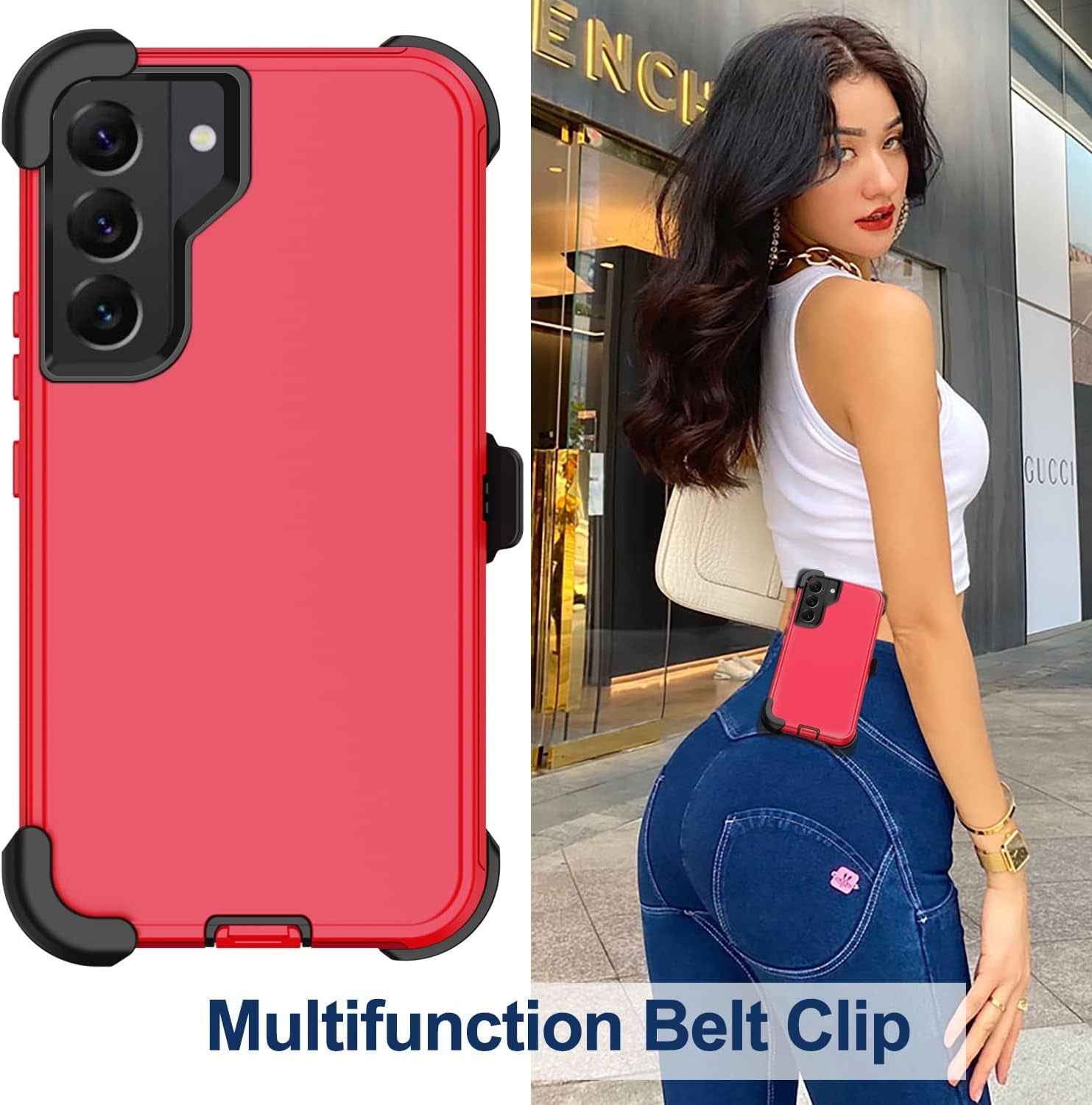 For Samsung Galaxy S22 Case with Belt Clip Holster, 2X Screen Protector, [Military Grade Protection] Heavy Duty Full Body Shockproof Dust-Proof Rugged Protective Cover for Samsung S22 5G (Red)