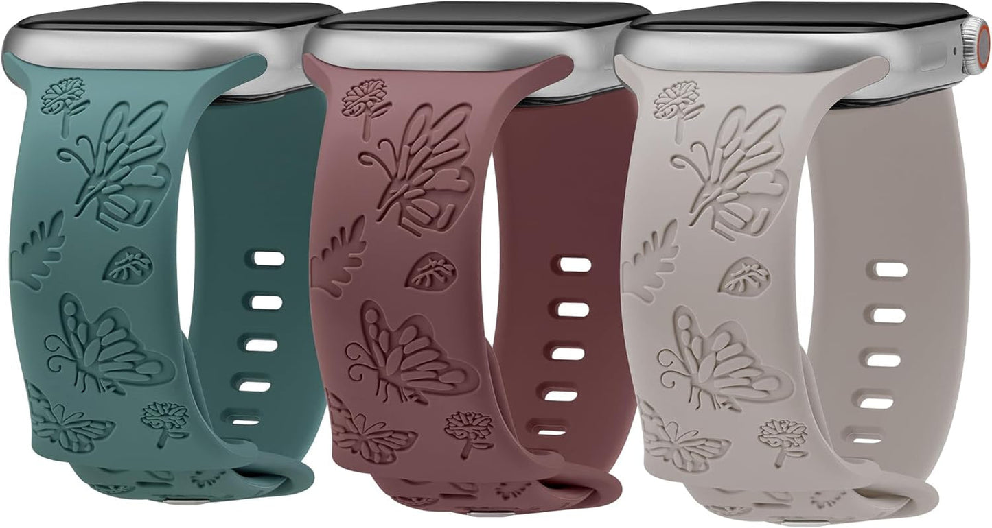 3 Pack Butterfly Floral Engraved Silicone Apple Watch Bands for Women - Soft, Sporty, and Stylish, Fits 38Mm-49Mm Apple Watch/Iwatch Series Ultra/Ultra 2/SE/9/8/7/6/5/4/3/2/1