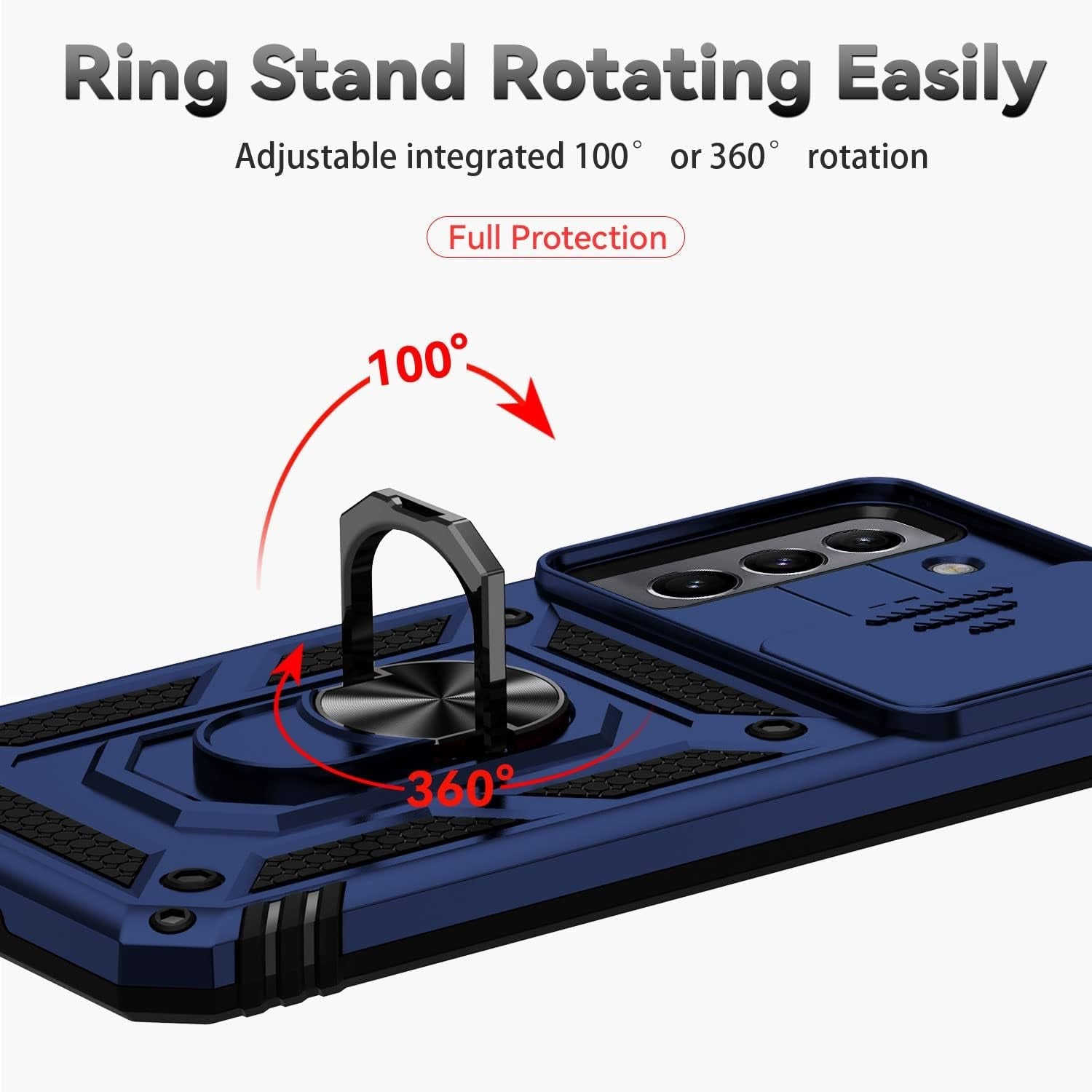 For Samsung Galaxy S22 plus Case with Camera Lens Cover HD Screen Protector, Military-Grade Drop Tested Magnetic Ring Holder Kickstand Protective Phone Case for Samsung Galaxy S22+ plus 5G (Navy Blue)
