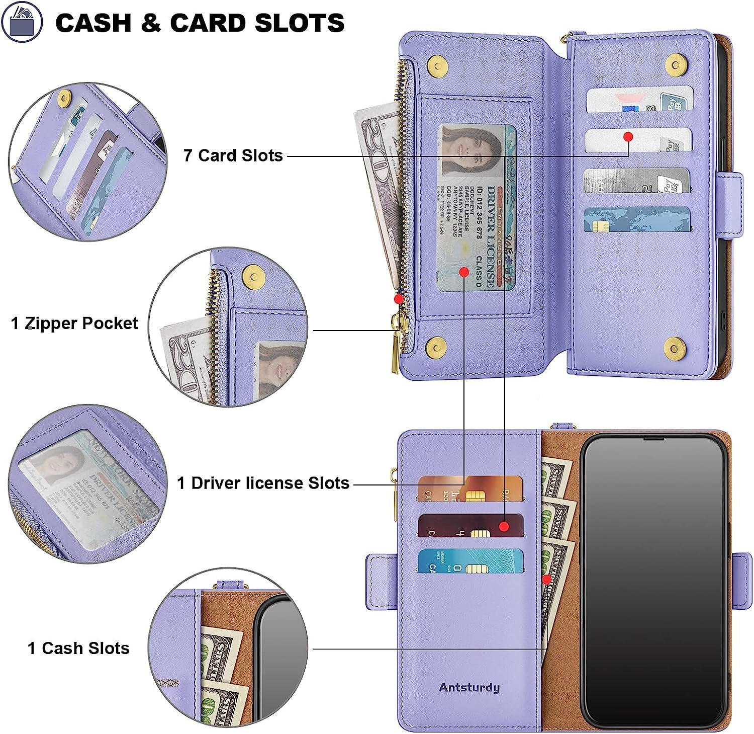 Antsturdy Samsung Galaxy S22+/S22 plus Case Wallet with Card Holder for Women Men,Galaxy S22+/S22 plus Phone Case RFID Blocking PU Leather Flip Cover with Strap Zipper Credit Card Slots,Light Purple