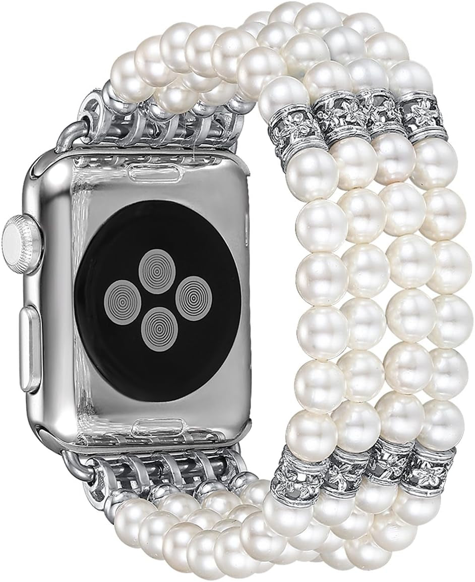 Fastgo Compatible with Pearl Apple Watch Bands 44Mm 42Mm 45Mm 49Mm Women, Elastic Beaded Bracelet Replacement Bands White for Iwatch SE & Series 9 Ultra 8 7 6 5 4 3 2 1 (White-42/44/45/49Mm)