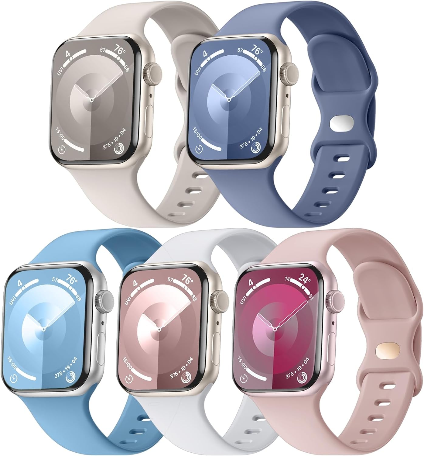 5 Pack Soft Silicone Bands - Compatible with Apple Watch Ultra 2 & Ultra Band 49Mm 45Mm 44Mm 42Mm 41Mm 40Mm 38Mm for Men Women, Breathable Sport Strap Band for Ultra 2 Iwatch Series 9 8 7 6 SE 5 4 3 2