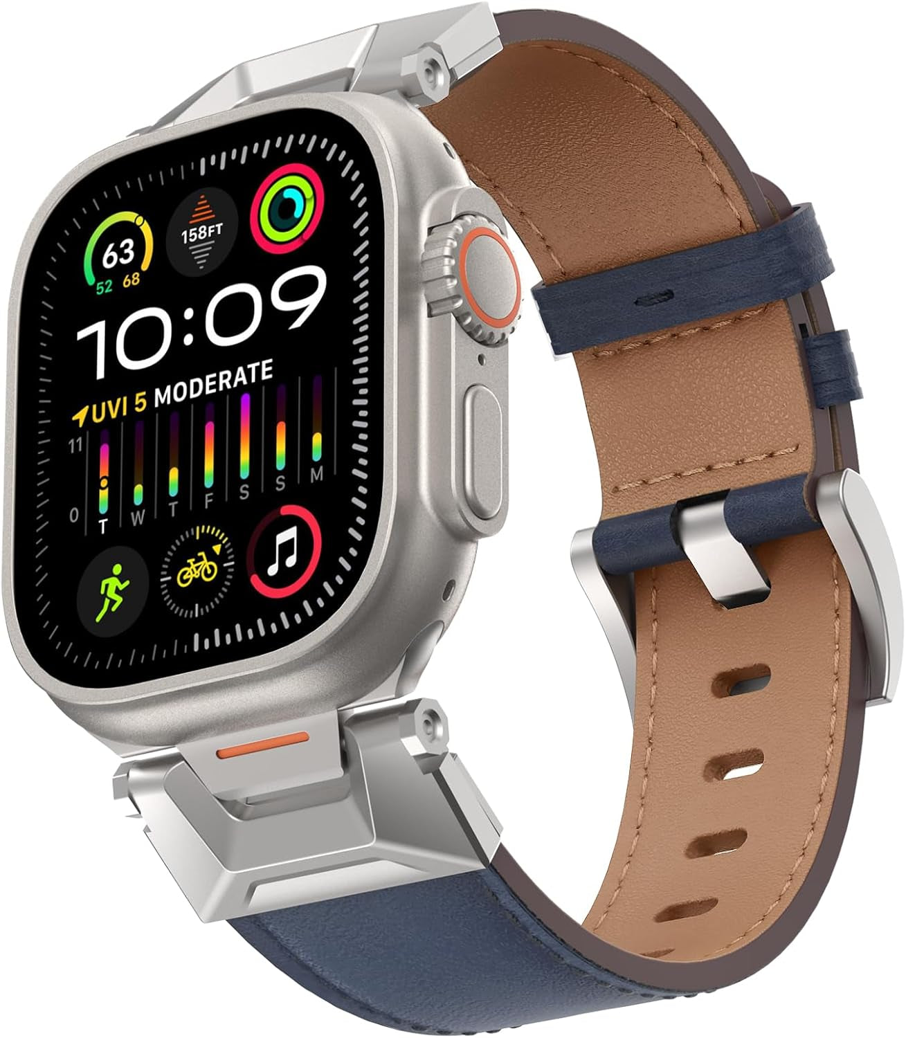 Genuine Leather Band Compatible with Apple Watch Ultra 2/Ultra Band 49Mm 45Mm 44Mm 42Mm for Men Women, Rugged Strap with Stainless Steel Connectors for Iwatch Ultra Series SE 9 8 7 6 5 4 3