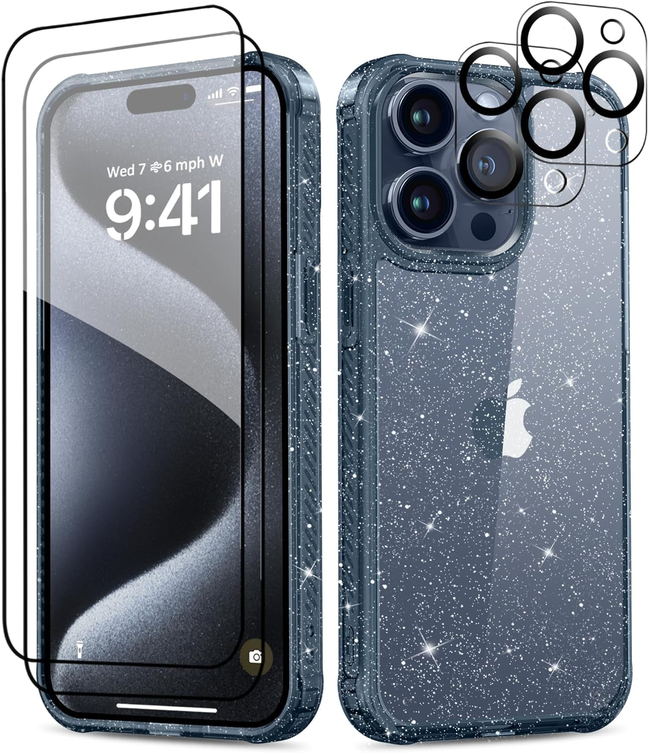 MIODIK Case Compatible with Iphone 15 Pro Clear Glitter, 2Pcs Screen Protector + 2Pcs Camera Protector, Women Cute [Military-Grade Protective] [Anti-Yellowing] Slim Cover 6.1" 2023 (Sparkle Black)  MIODIK   
