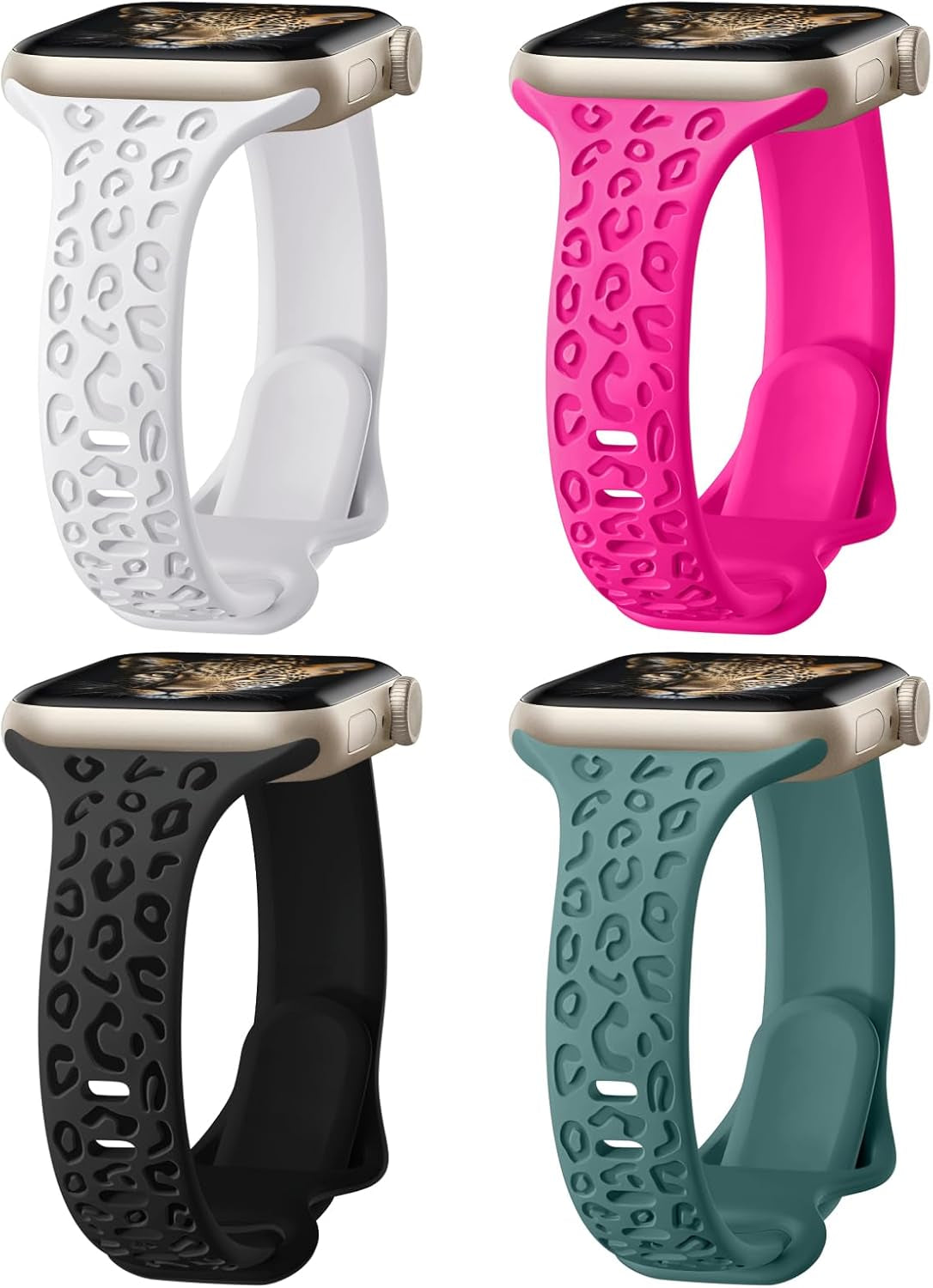 4 Pack Slim Leopard Engraved Bands Compatible for Apple Watch Bands 41Mm 40Mm 38Mm 45Mm 44Mm 42Mm 49Mm Women, Thin Soft Silicone Cheetah Sport Strap for Iwatch Bands Series 9 8 7 6 5 4 3 2 1 Ultra SE