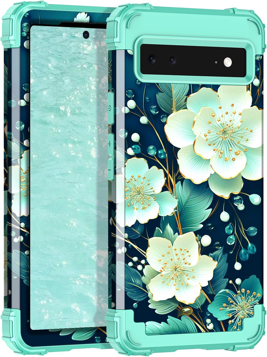 Hekodonk for Google Pixel 6 Case,Heavy Duty Shockproof Protection Hard Plastic+Silicone Rubber Hybrid 3 in 1 Drop Protective Case for Google Pixel 6 Black Flower  Hekodonk Mint Green  
