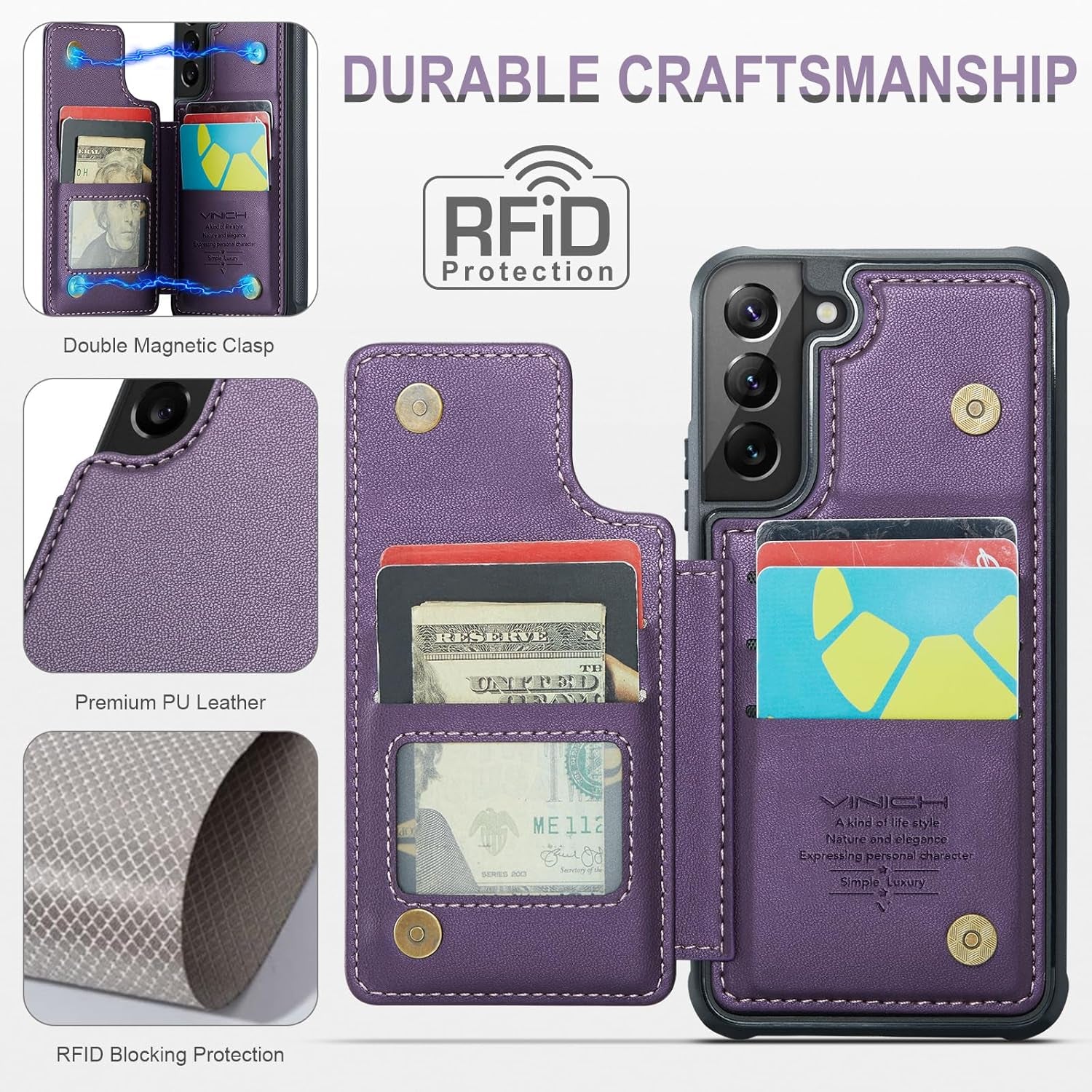 For Samsung Galaxy S22 plus Case with Card Holder, for Samsung S22 plus Wallet Case for Women Men with RFID Blocking, Durable Kickstand Shockproof Case for Galaxy S22 plus 5G, Purple