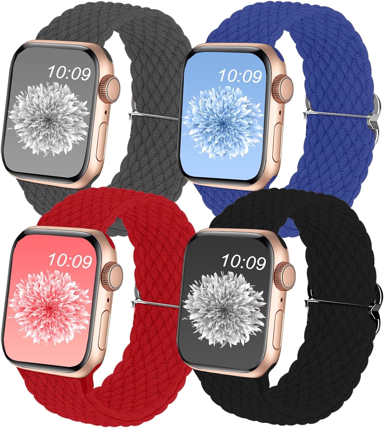 4Pack Braided Solo Loop Compatible with Apple Watch Band 38Mm 40Mm 41Mm 42Mm 44Mm 45Mm 49Mm, Washable Stretchy Woven Nylon Strap Wristband Women Men for Iwatch Series 9 8 7 6 5 4 3 2 1 SE Ultra