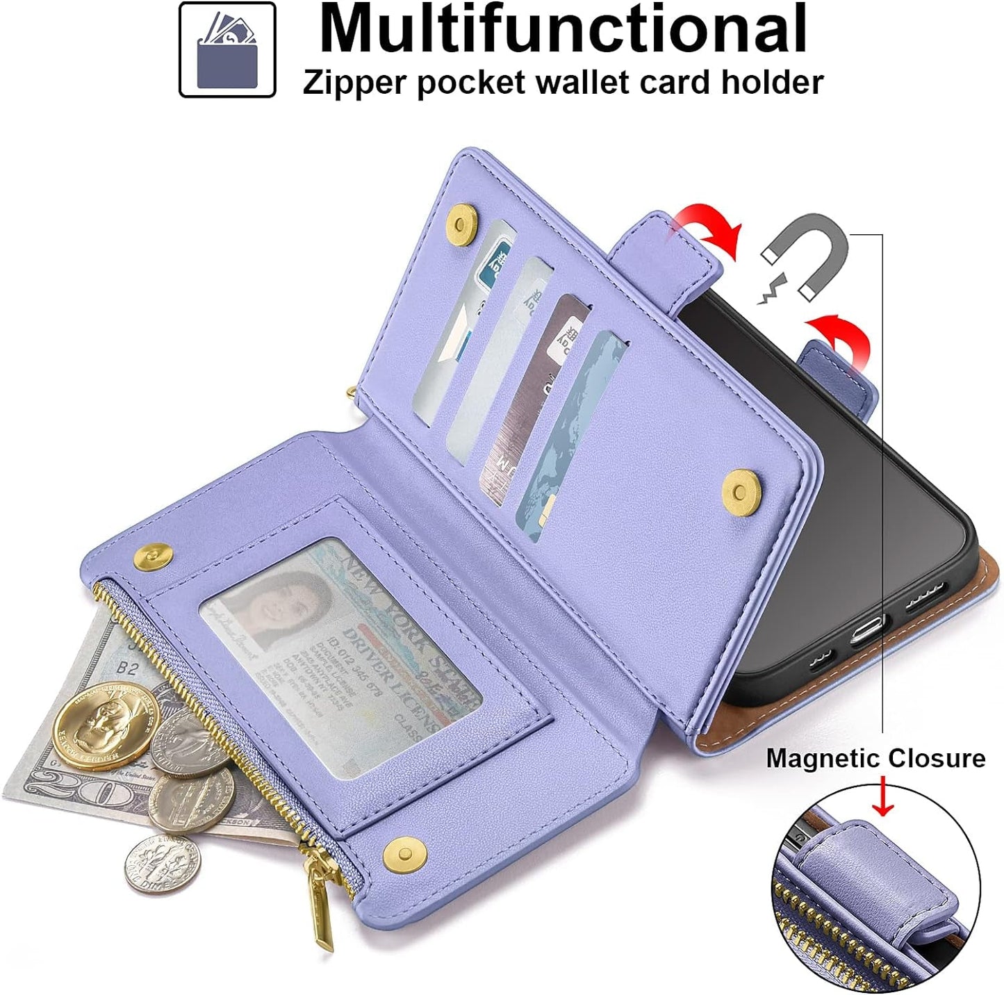 Antsturdy Samsung Galaxy S22+/S22 plus Case Wallet with Card Holder for Women Men,Galaxy S22+/S22 plus Phone Case RFID Blocking PU Leather Flip Cover with Strap Zipper Credit Card Slots,Light Purple