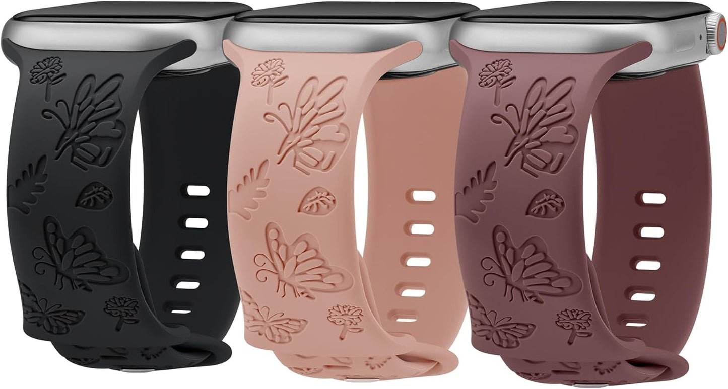 3 Pack Butterfly Floral Engraved Silicone Apple Watch Bands for Women - Soft, Sporty, and Stylish, Fits 38Mm-49Mm Apple Watch/Iwatch Series Ultra/Ultra 2/SE/9/8/7/6/5/4/3/2/1