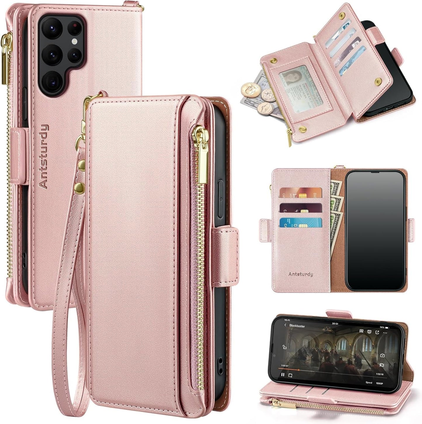 Antsturdy Samsung Galaxy S22 Ultra Wallet with Card Holder for Women Men,Galaxy S22 Ultra 5G Phone Case RFID Blocking PU Leather Flip Shockproof Cover with Strap Zipper Credit Card Slots,Dark Blue