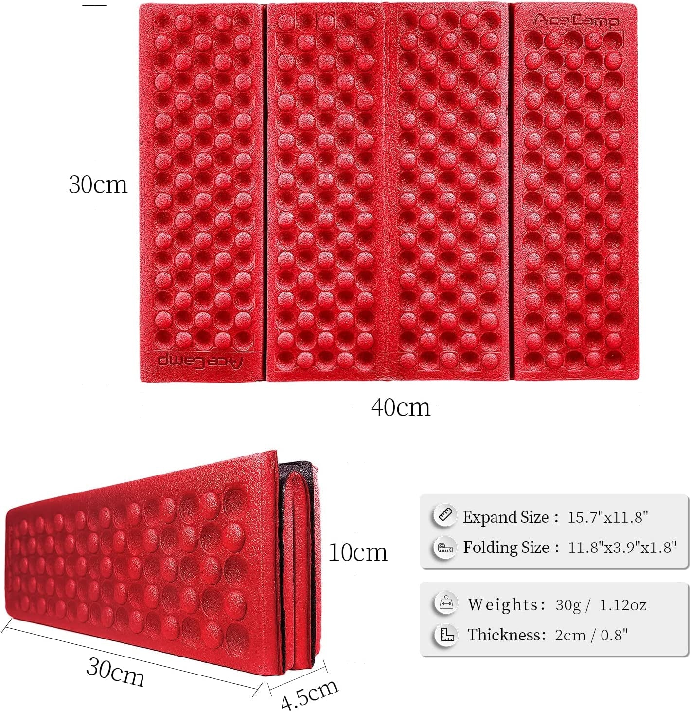 Acecamp 3940 Portable Lightweight Mini Waterproof Folding Mat, Foam Sitting Pad for Outdoor Activities, Foldable Kneeling and Seat Cushion for Comfort, Red