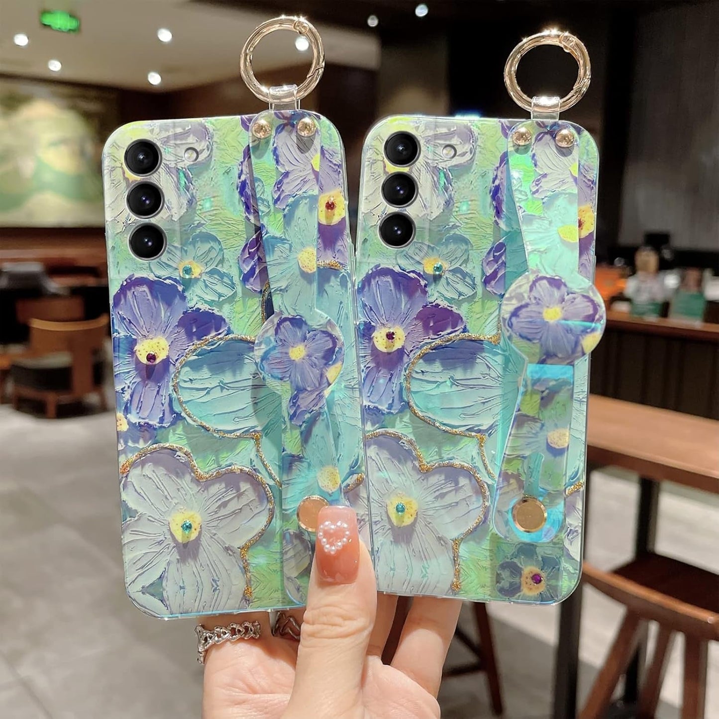 For S22 Phone Case, Galaxy S22 Case for Elegant Cute Flower Petals with Wrist Band Kickstand Ultra Slim IMD Soft TPU Shockproof Protection Holder Cover for Samsung S22