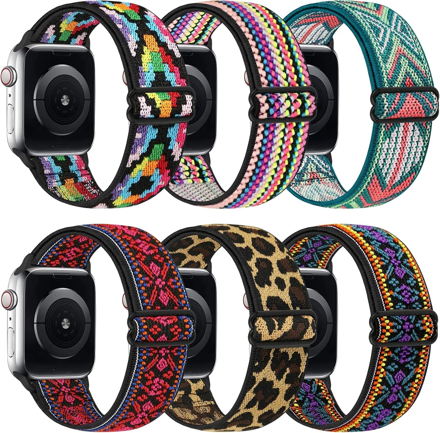 Bling Nylon Stretchy Bands Compatible with Apple Watch Bands 38Mm 40Mm 41Mm 42Mm 44Mm 45Mm 49Mm for Women Girls, Adjustable Braided Solo Loop Sport Bands for Iwatch Series 9 8 7 6 SE 5 4 3 2 1, 6 Packs