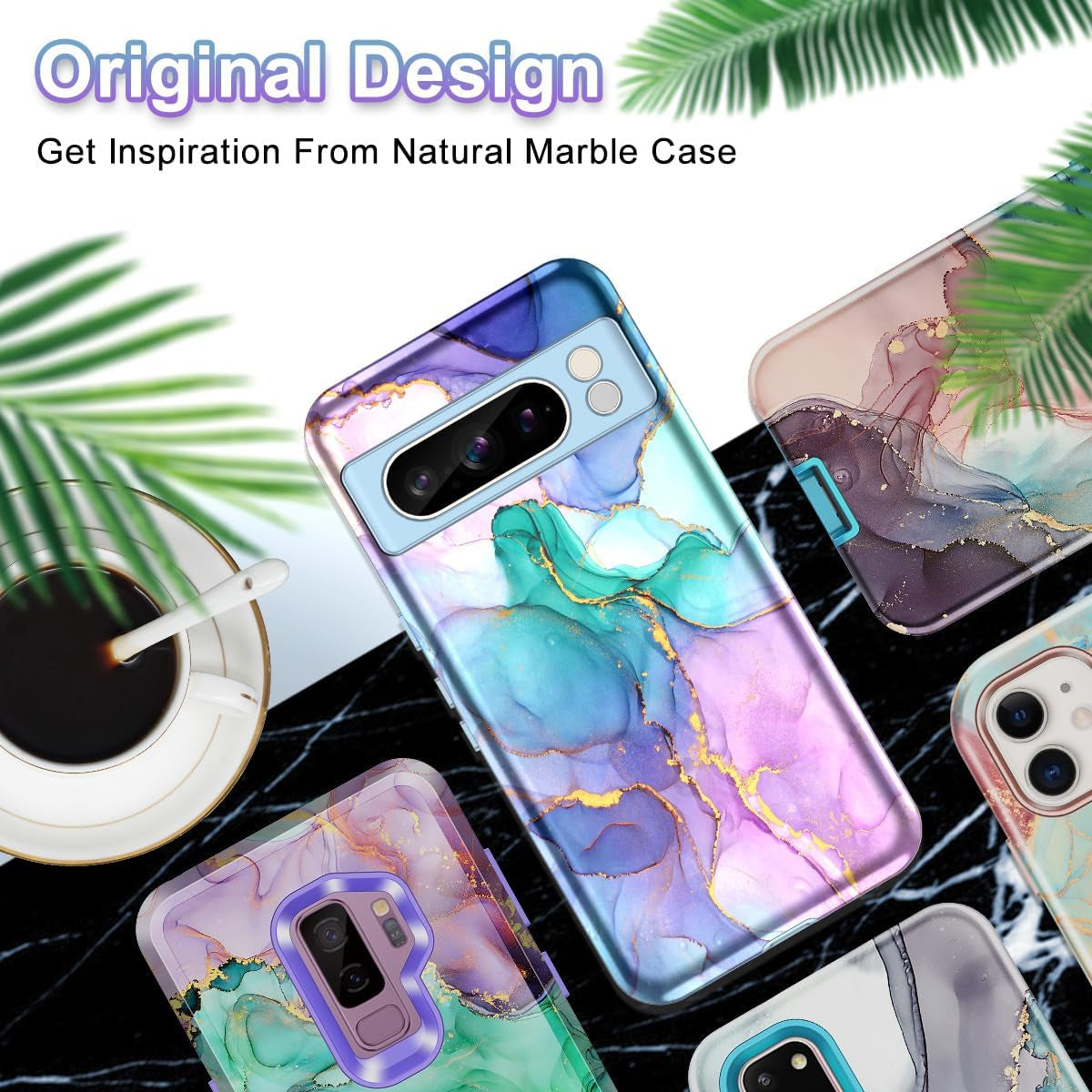 Btscase for Google Pixel 8 Pro Case (2023), Marble Pattern 3 in 1 Heavy Duty Shockproof Full Body Rugged Hard Pc+Soft Silicone Drop Protective Women Girl Cover for Google Pixel 8 Pro, Blue Pink  Btscase   