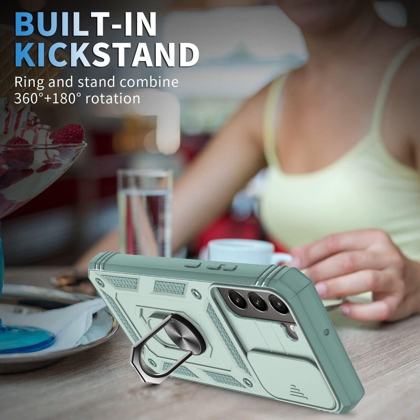 Case for Galaxy S22 Plus, Camera Cover Phone Case with Rotation Ring Stand for Samsung Galaxy S22 plus - Green