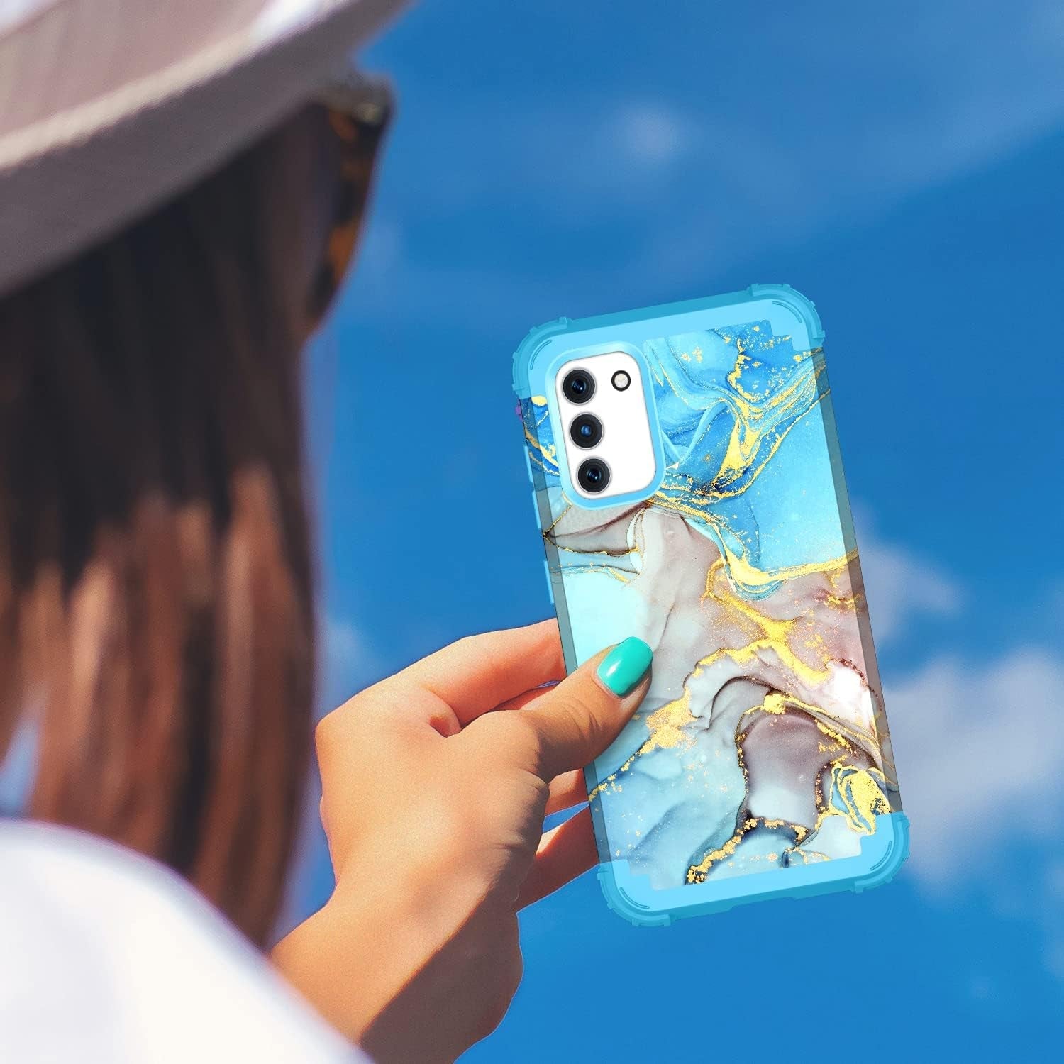 For Galacy S20 FE 5G Case,Marble Design Three Layer Heavy Duty Shockproof Protection Hard Plastic Bumper Soft Silicone Rubber Drop Protective Cover Case for Galaxy S20 FE 6.5 Inch,(Blue)