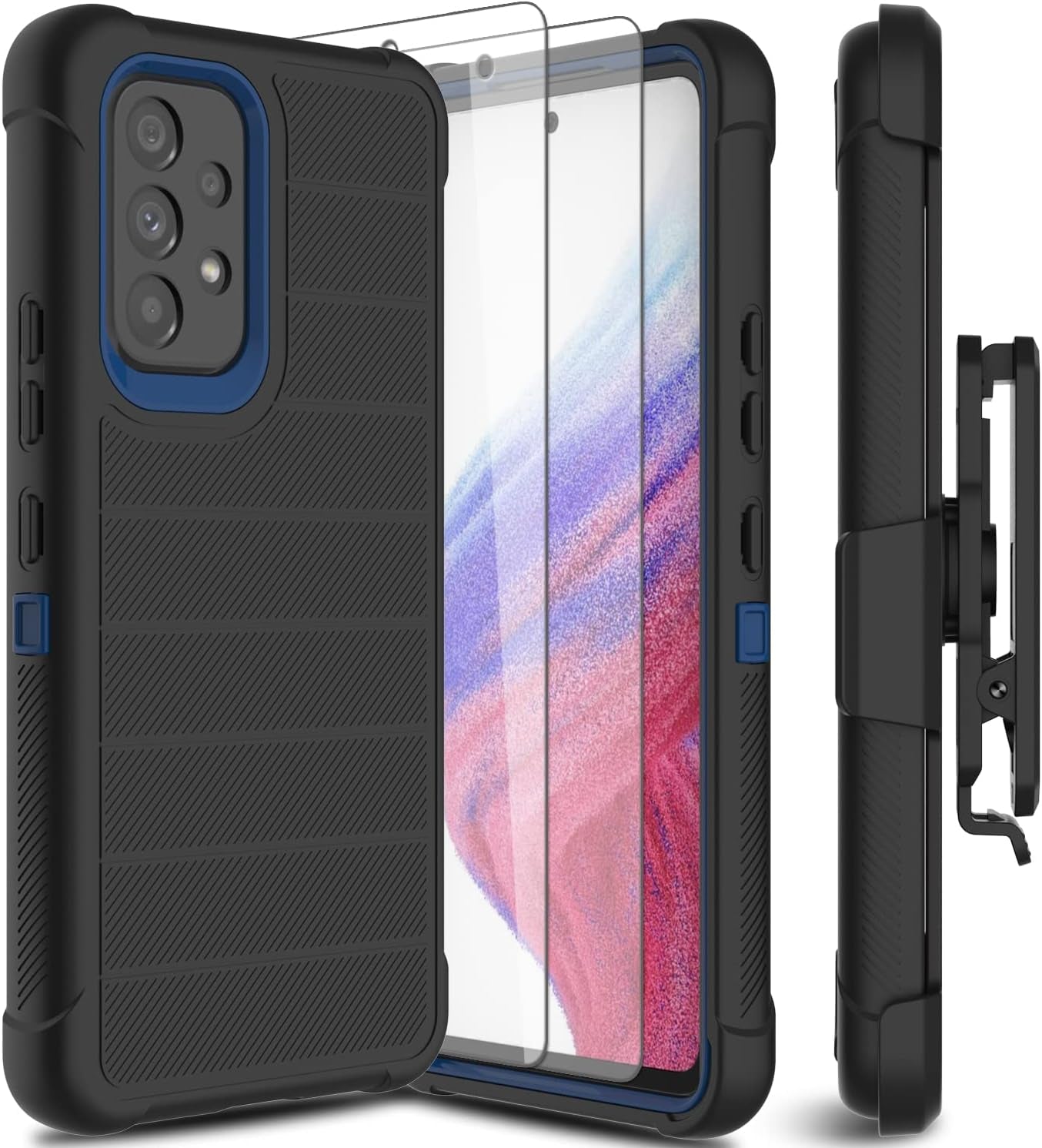 For Samsung Galaxy A53 5G Phone Case with Glass Screen Protector, [Holster Series] Belt Clip Protective Hard Tough Full Heavy Duty Rugged Military Shockproof Armor Cell Phone Cover (Black)