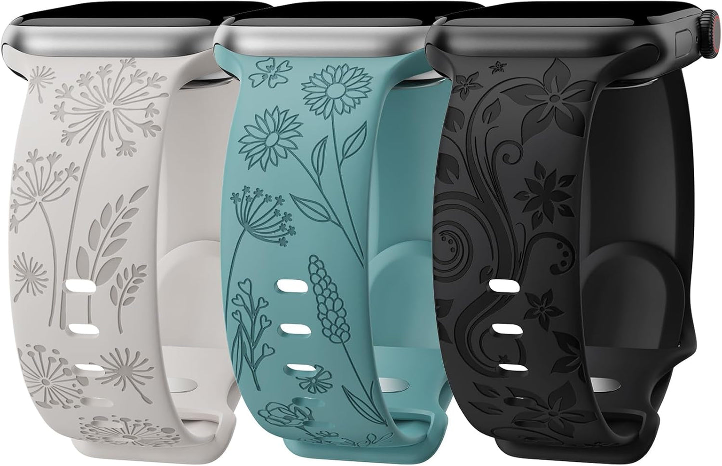 3 Pack Floral Engraved Bands Compatible with Apple Watch Band for Women 38Mm 40Mm 41Mm 42Mm 44Mm 45Mm 49Mm, Cute Flower Laser Pattern Soft Silicone Strap for Iwatch Series Ultra SE 9 8 7 6 5 4 3 2 1