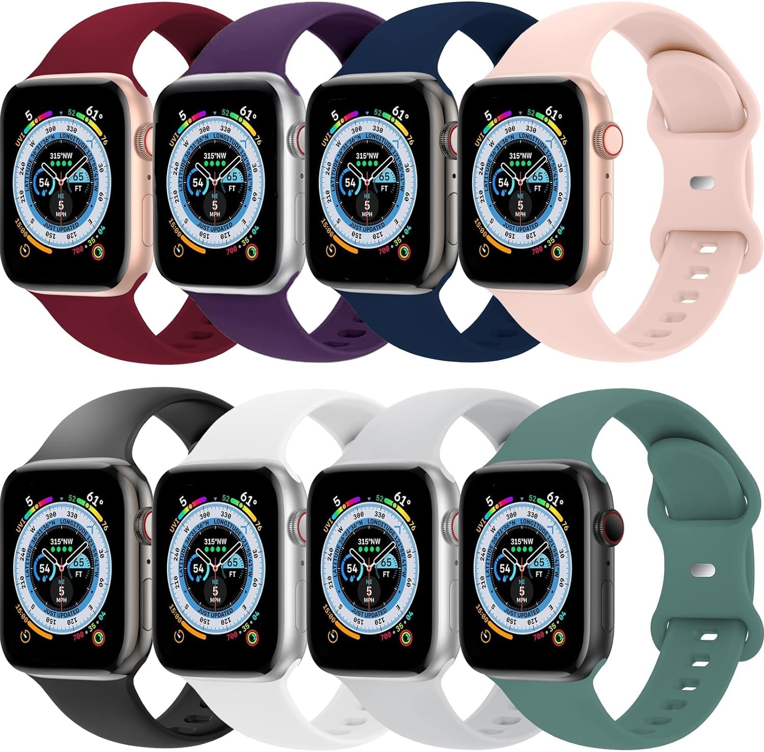 Bands Compatible with Apple Watch Band 45Mm 44Mm 42Mm 49Mm 38Mm 40Mm 41Mm for Women Men, Soft Silicone Sport Replacement Strap Wristband for Iwatch Series 8 SE 7 6 5 4 3 2 1, 8 Pack